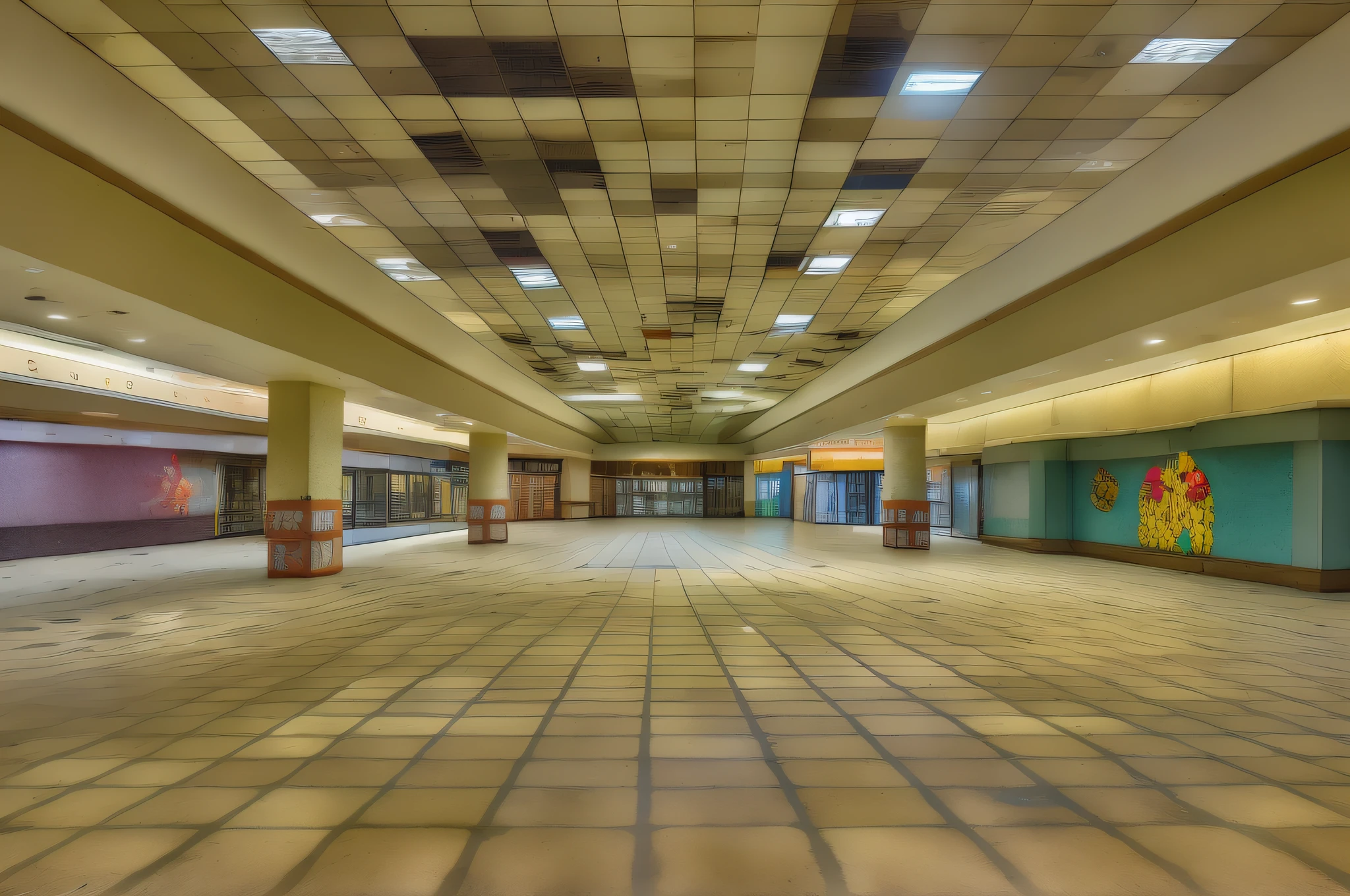 backrooms abandoned mall, Abandoned shopping mall, In an abandoned shopping mall, In an abandoned mall, Abandoned mall in 1 9 8 0s, Ruined mall at night, Shutter Mall Store, the scary empty liminal spaces, completely empty, clown、Retrofuturist liminal space, The whole building is colorful、