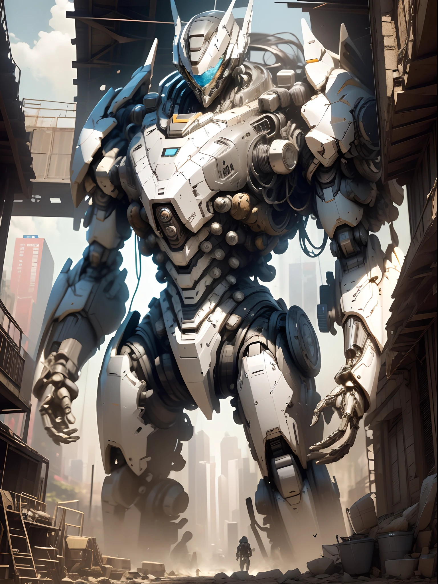 Elegant exoskeleton  robot  , armor,  mecha, ink, clean lines,  negative space, high contrast, gradient color, ((dynamic pose)), ((best quality)), (ultra-detailed), (CG illustration), cinematic light, ((mechanical girl)), (machine-made joints: 1.4), ((mechanical limbs)),city ruin scenery