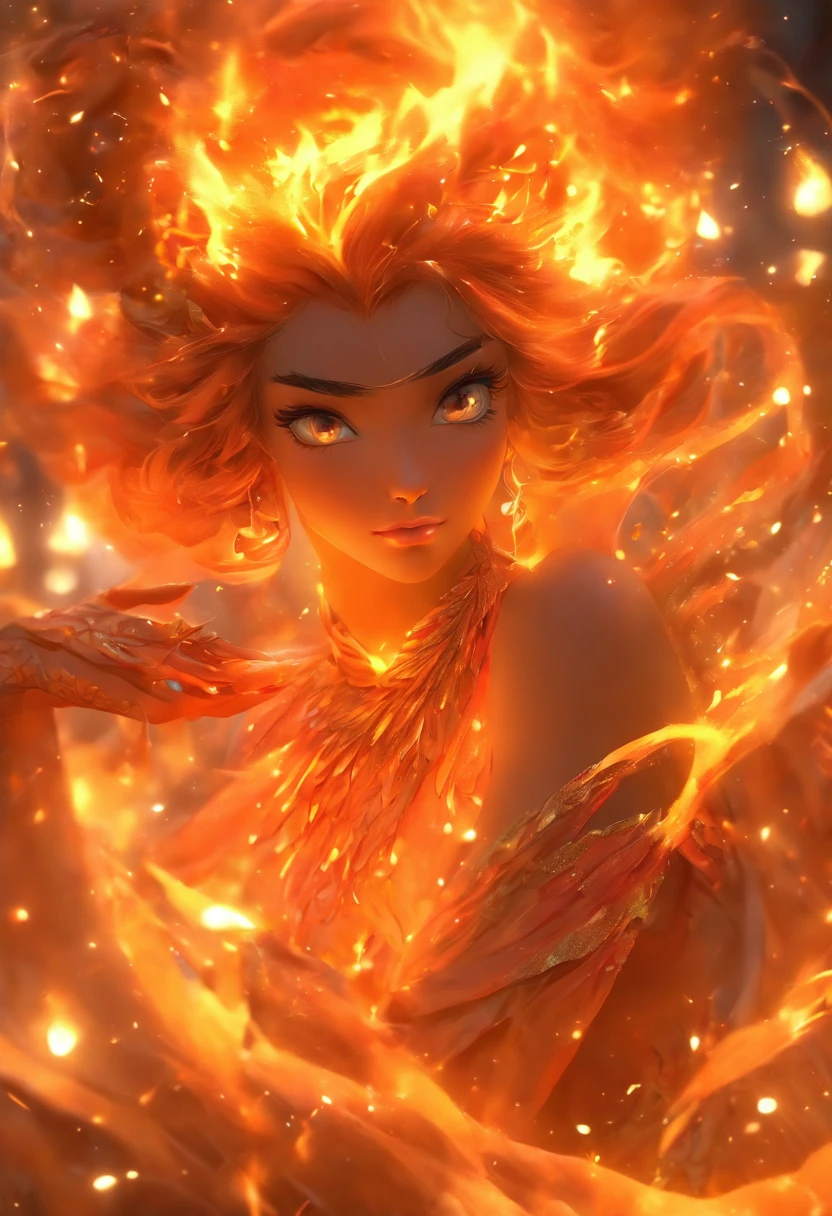 This is a realistic fantasy artwork prominently featuring realistic fire, including wisps of flames, glowing hot embers, subtle curls of smoke, and a beautiful fire druid. The druid stands in the midst of a raging inferno with an interesting composition. Her face is expertly sculpted, with elegant and refined features and perfect shading and realistic skin texture. Her (orange and gold eyes) are stunning and are the focal point of this image. (((Her eyes extremely detailed, beautiful detailed eyes, and macro))). Her eyes feature intricate detailing with clearly defined irises and bright sclera. Her soft lips are smooth and very puffy, and her skin is adorned with a light flush and ornate fire detailing. Her long gown is stunning and expensive, and is made of pure flames and glittering, ornate jewels that glimmer in the fire light. Her billowing gown glitters from the flames and features a delicately and intricately embroidered bodice with wisps of flames running across it. Include fantasy elements like bumps, stones, fiery iridescence, glowing embers, silk, and an interesting background. Include fiery magical creatures such as fiery birds and fiery butterflies that give off a magical and mystical aura. Lighting: Utilize the latest trends in lighting to enhance the artwork's beauty. Camera: Utilize dynamic composition to create a sense of urgency and excitement. Take inspiration from the current masters of the fantasy genre, including trending artists on Artstation and Midjourney. ((masterpiece))