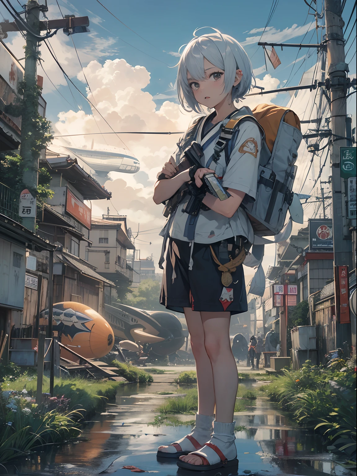 1boy,Man's ,Cyberpunk Boy、silber hair、Spiky hairstyle、Sword,machine gun、bow and arrow、Whole body bloody、The beginning of the adventure、(Very large airship:1.5)、Magic Hour with Clouds,ruined and devastated city、Complex Japan buildings、school buildings、temple、shrines、railroad crossing、Bus stop、Trees、Warm lighting、puddles、Good old Japan landscape、Beautiful and fantastic summer landscape、Cinematic scenery、hightquality、masutepiece,8K、hight resolution、ultra-detailliert,