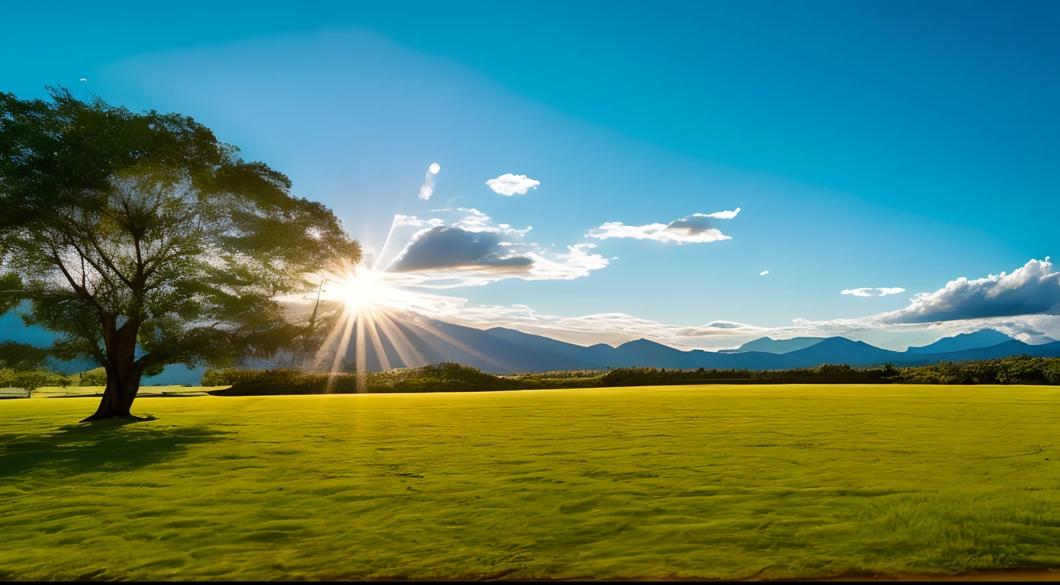 Sunlight shining through the slightly open blinds from the window and a bright blue sky. In the calm atmosphere, the sky is often filled with small white clouds slowly moving. Beneath it is a large green field, with healthy, lush green grass and colorful flowers in beautiful patterns. When you enter, you will find a variety of trees. The shade of the tall trees rests gracefully on the ground, and the leaves gently sway as the wind whipples. Through the trees, small animals make their way and there is a commendable view. On the distant horizon, distant mountains are shadowed by green, turquoise, and withering blue. In front of it stretches a small cozy lake, and the sparkling waves as the sun shines on the lake create a fantastic sight.