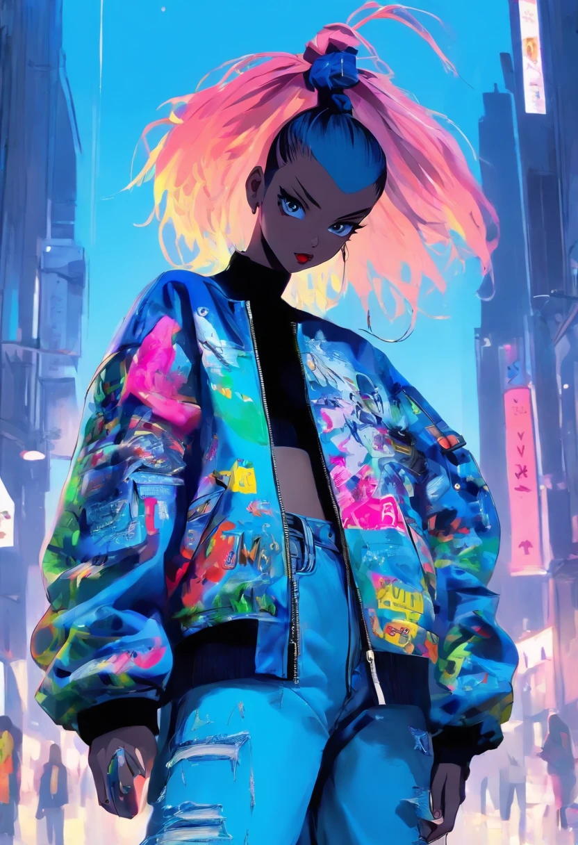 Best quality, A high resolution, A beauty stood,exposing your navel ,VETEMENTS, garments, Vetements Blue Big Shape Destroyed Jeans,Vetements Doodle-print Bomber Jacket,Avant-garde accessories, Balenciaga's artistic style,(FashionMagCover), (BALENCIAGA)