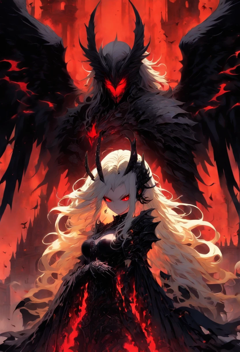 The most beautiful and sexy demon goddess, long white hair, glowing red eyes, wearing detailed black gothic battle armor, black angel wings, tattoos and piercings, gothic castle, perfect masterpiece, high quality, high resolution