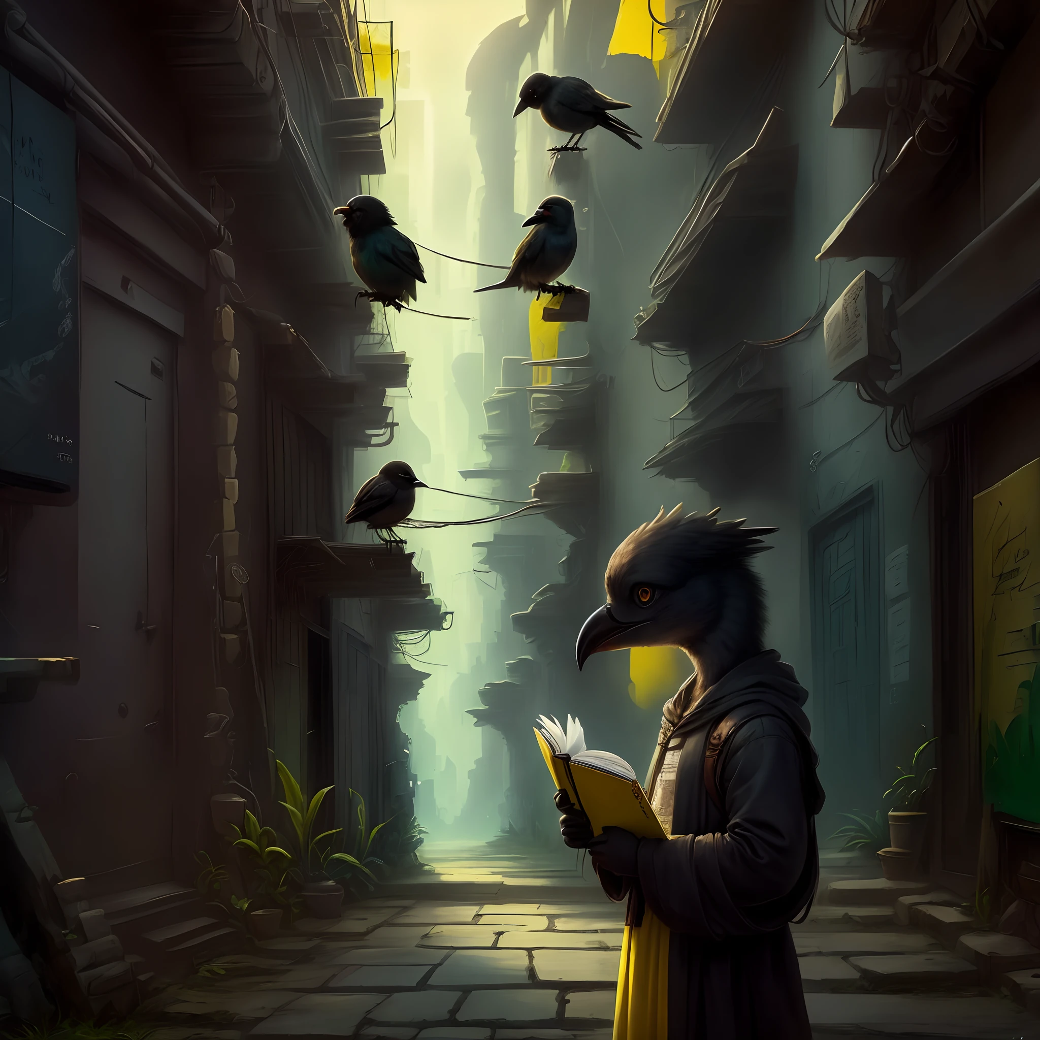 A small black bird with green eyes and yellow beak reading a book in one of the alleys of ancient Greece