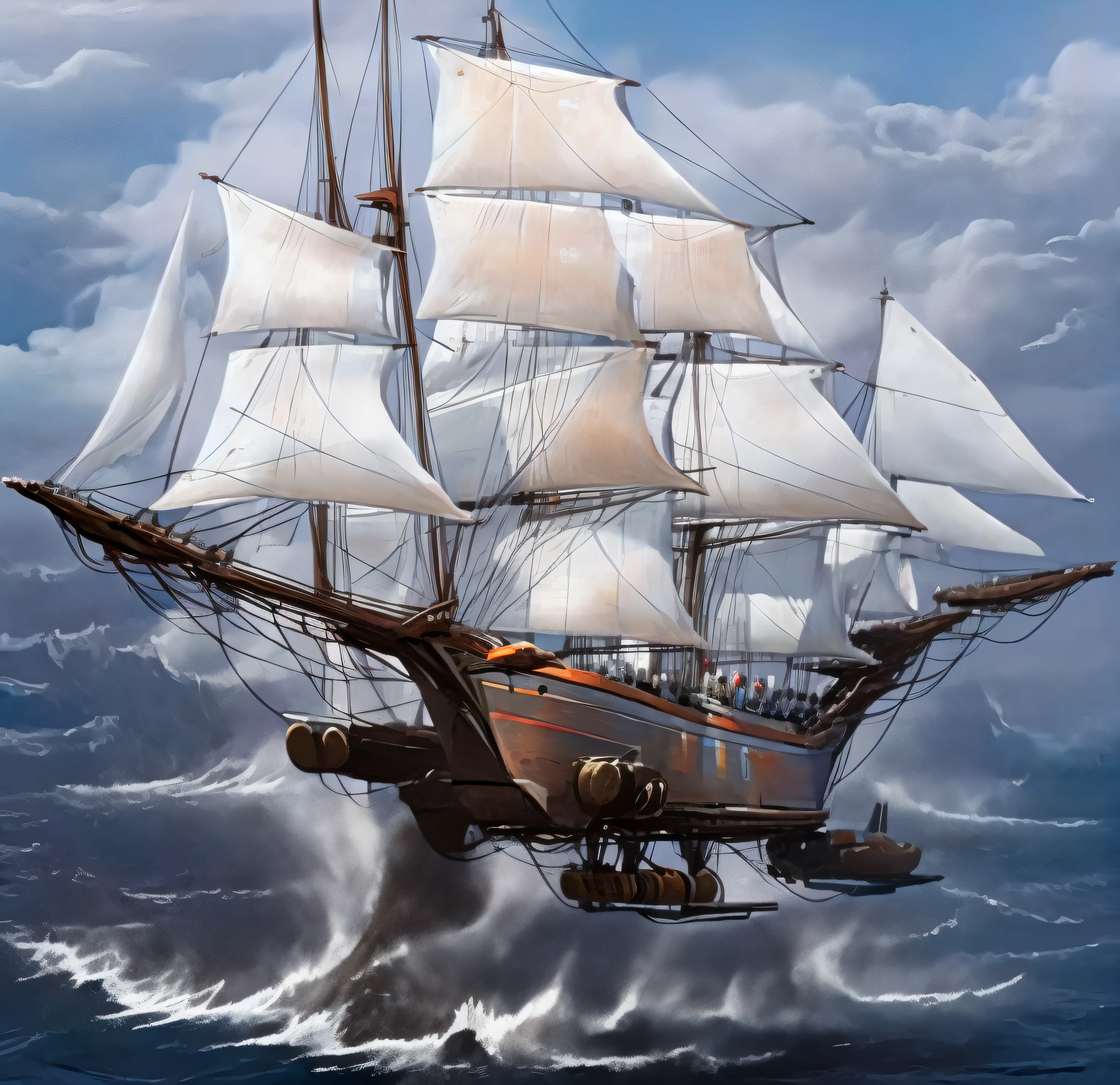 Super velero futurista, con casco blanco, It has three masts and a multitude of sails and is flying among the multicolored clouds and while down in a very rough sea huge threatening waves crashing against the cliffs