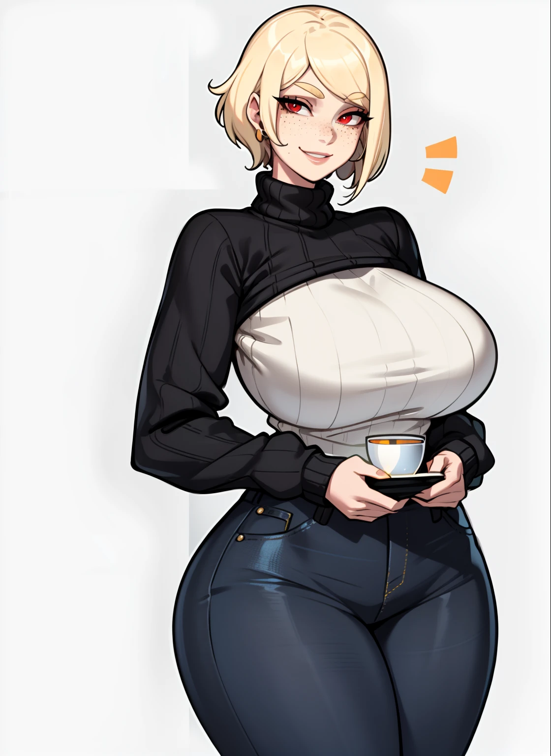 1 girl,blonde hair,medium bob,Patsun bangs,purple eyes,shaped pupils,big breasts,big breasts,firm chest,cute,smile,heavy breathing,trembling,Plain T-shirt that emphasizes the chest,Nipples sticking out in a T-shirt,coffee shop background