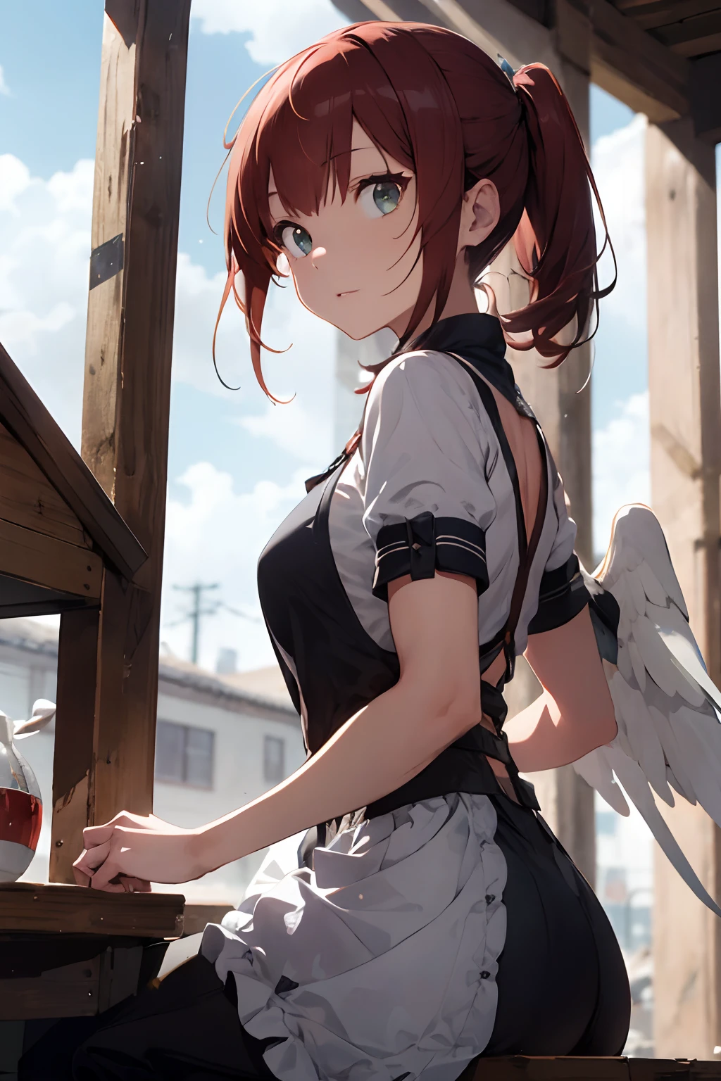 masterpiece,best quality,1girl,outdoor,sitting,countryside, village,from below,face, Modest, amazing anime illustration, masterpiece, absurdrez, best quality, ultra detailed, intricately detailed, character focus, character enhance, sharp focus, BREAK, 1girl, lord of the rings, high fantasy, fantasy clothing, 1girl, (hanfu), glowing, sidelighting, wallpaper, Maid knight, maid, knight, gothic fashion, gothic, dark clothes, female, fire angel, fire, angel, demon, red, red hair, pale skin, pale, green eyes, freckles, phoenix wings, fire wings, angel fire wings, angel wings, wings, one character, one face, one person, only one individual, only one character, only one person, only one face, absurd, masterpiece, best quality, realistic, hyper-detailed, (shiny skin:1.4), slender, looking at viewer, 1girl, solo, long hair, (thick thighs:0.5), dynamic lighting, high resolution, sharp focus, depth of field, small breasts