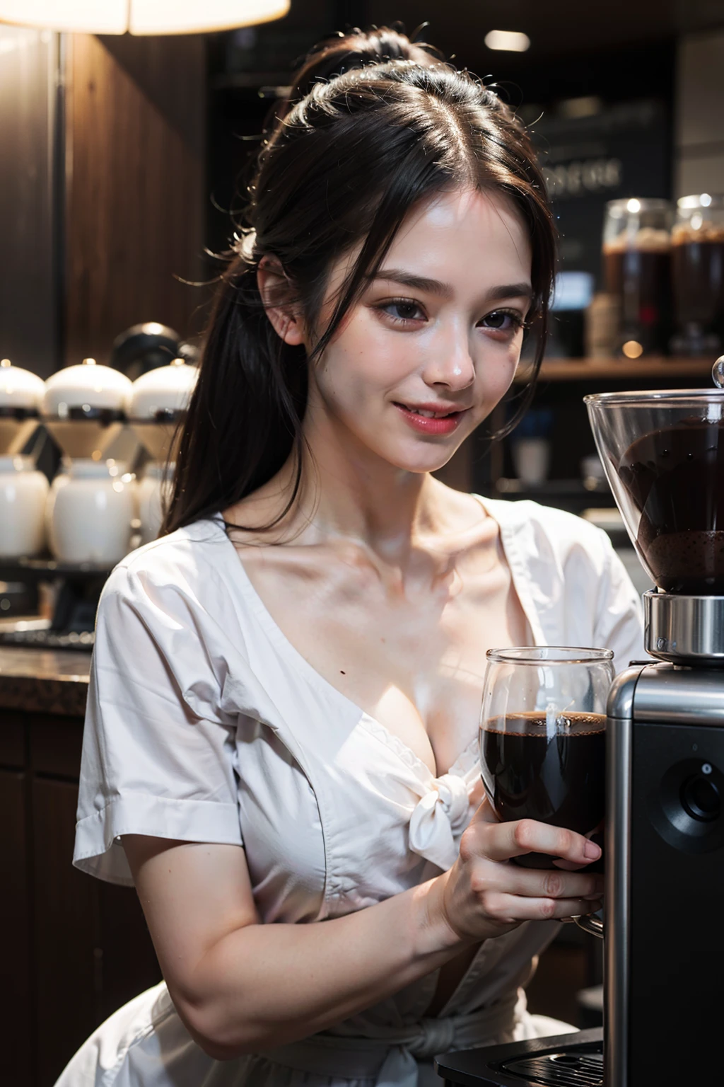 Large-breasted coffee selling girl, making coffee at her stall, tied ponytail, low-chested cloth, she was seen preparing ready-made coffee, making coffee, light smile, facing down at making coffee, coffee machine, coffee, night cafe, bokeh, detailed object, detailed subject, high-res CG illustration, best quality post production, hyper-realistic