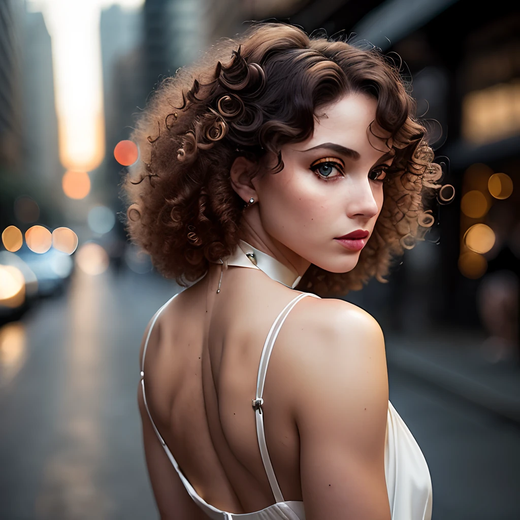 (sharp focus:1.2), photo, attractive young woman, (beautiful face:1.1), detailed eyes, luscious lips, (cat eye makeup:0.85), (large eyes:1.0), (toned body:1.2), (curly hair:1.2), big booty, wearing (romper:1.2) on a (street:1.2). (moody lighting:1.2), depth of field, bokeh, 4K, HDR. by (James C. Christensen:1.2|Jeremy Lipking:1.1).