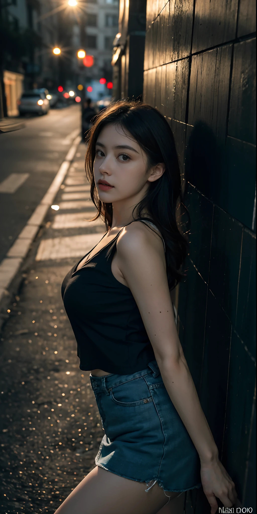 top-quality, masterpiece, 超A high resolution, (Photorealsitic:1.4), Raw photo, (perfect body type), (Slimed:1.2), dynamicposes, lie on one's side, 1girl in, (Full-figured:0.9), 独奏,, droopy chest, 校服, Plaid miniskirt, in the darkness nigth, natta, in a street, deep-shadows, Unobtrusive, Cold Light 12000K