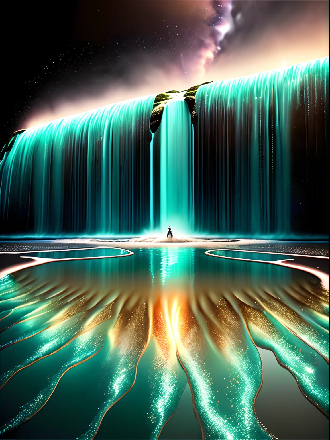 High definition image, imagem extremamente realista em 4k, rio de ouro liquido e brilhante, montanhas de esmeraldas e diamante, cachoeira de ouro, ramos de arruda na beira do rio de ouro, noite com aurora boreal de safiras diamantes ouro --auto