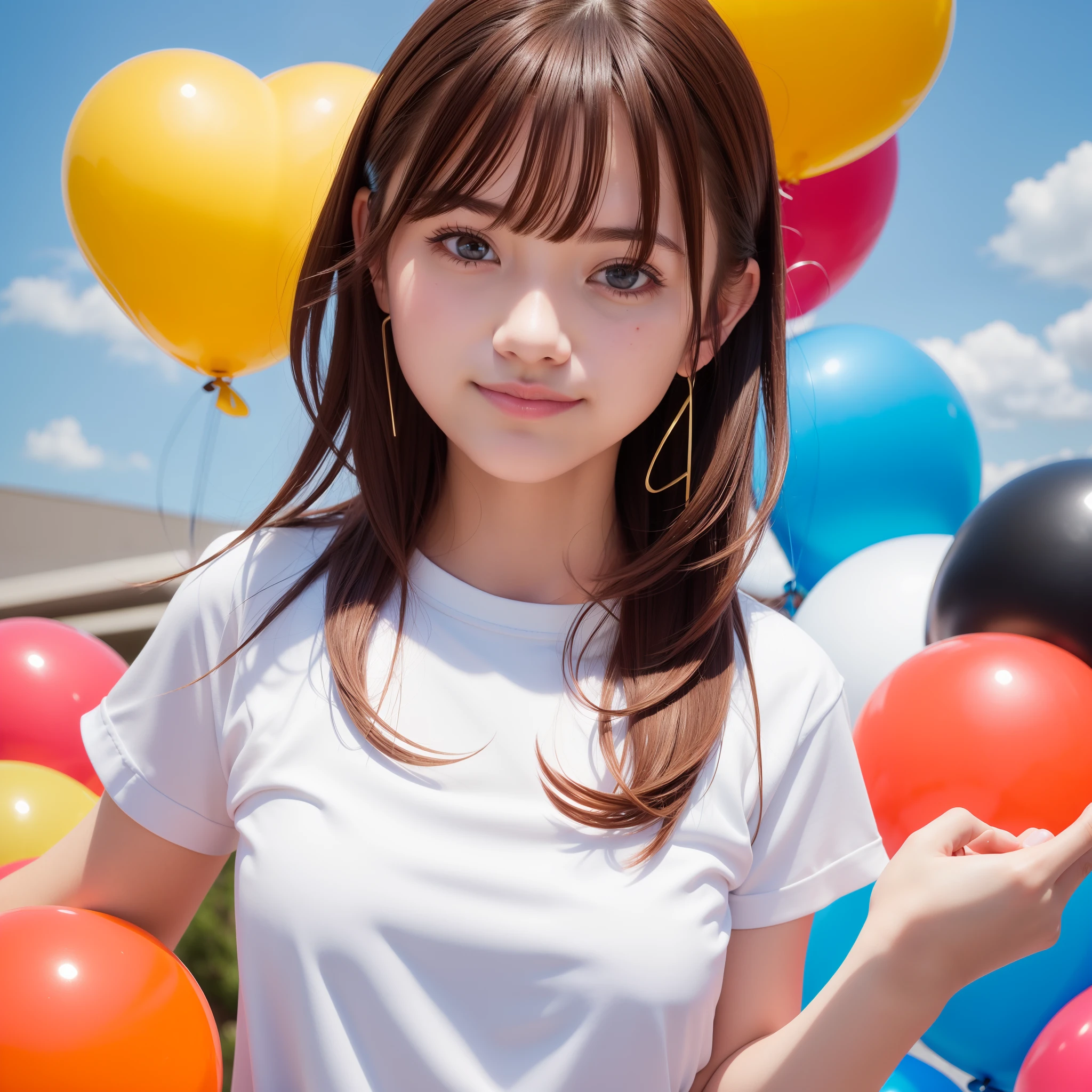 masutepiece, Super Detail, High quality, awardwinning, 8K, Balloons, various colors, girl, Solo, Brown hair, Medium Hair, Bangs, Smile, Closed mouth, White T-shirt, Blue Sky Background