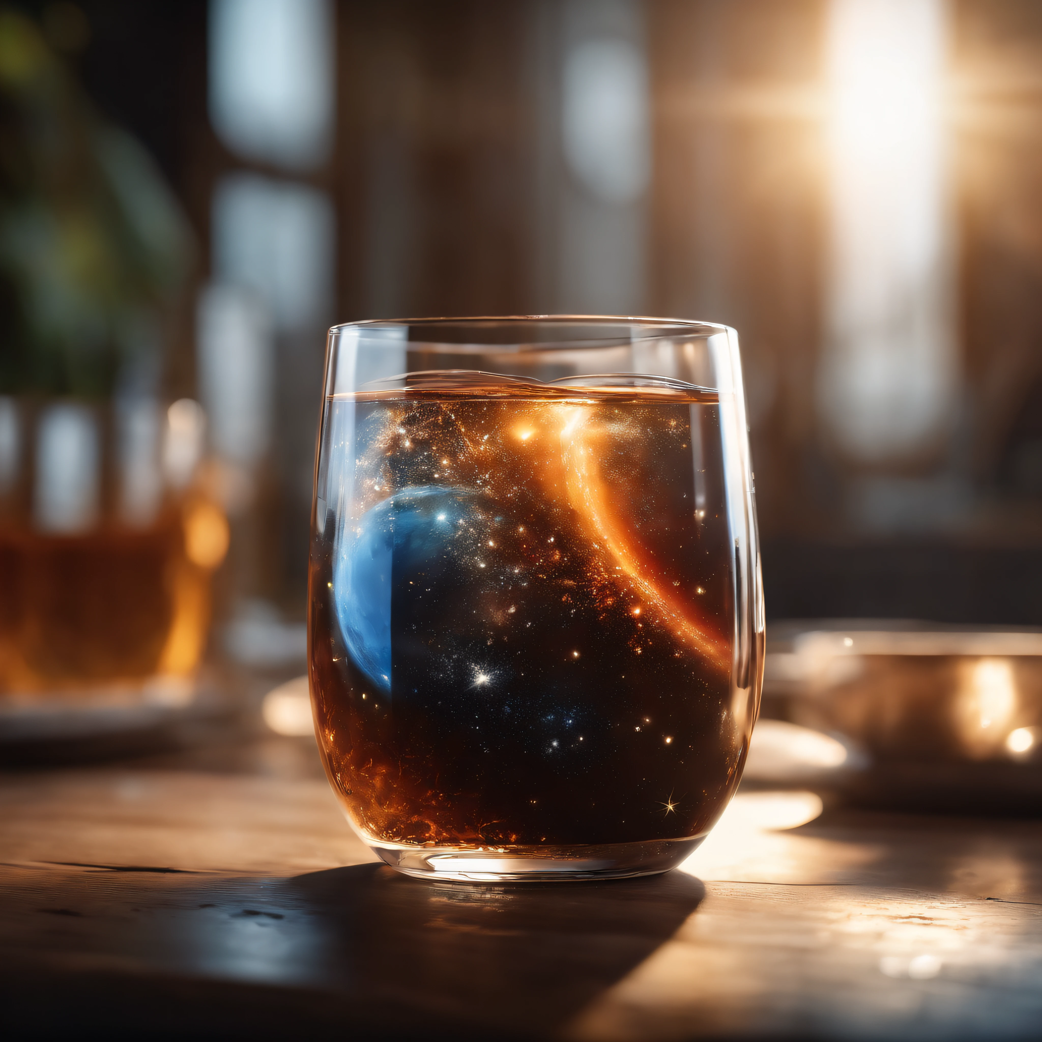 The universe in a cup, The whole universe exists inside the glass..., Planets and galaxies in a glass, Wooden dining table, super realistic, hyper detailed, dramatic lighting, 4k, ultra hd, Realistic, bright colours, A highly detailed, UHD Drawing, Pen and ink, perfect composition, Beautiful detailed intricate insanely detailed octane make trending on artstation, 8K art photography, photorealistic concept art, soft natural volumetric cinematic perfect light