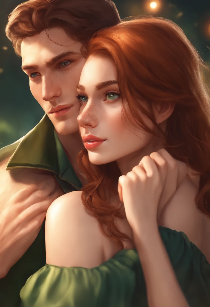 Tall, muscular boyfriend with a cute girlfriend that has brown hair, green eyes, fair skin, freckles