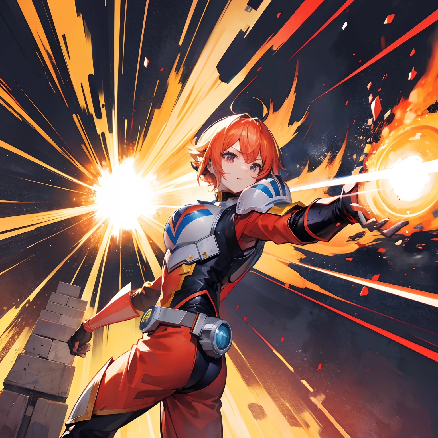 Background with、big explosion、Street、Tokusatsu style、Hero Explosion