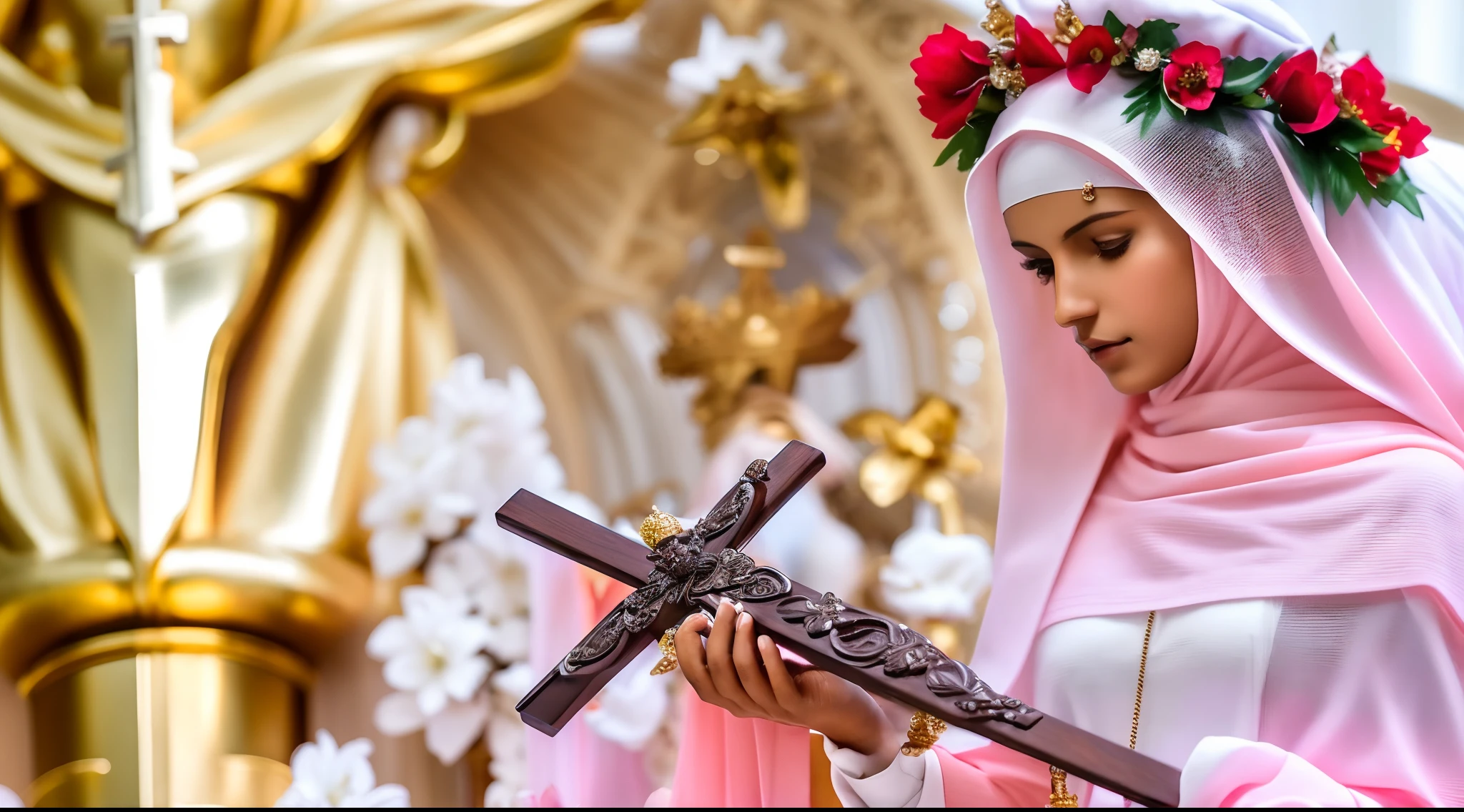 Image of a woman holding a cross and a statue of Jesus, majestosa mulher de santo, santa mulher, Bem Modelo de Moda, inspirado em Petrus Christus, Santo de ouro bonito, inspirado em Geertgen tot Sint Jans, christian saint, santo, jayson tatum as mother mary, padroeiro do 🛸🌈👩🏾, imagens religiosas