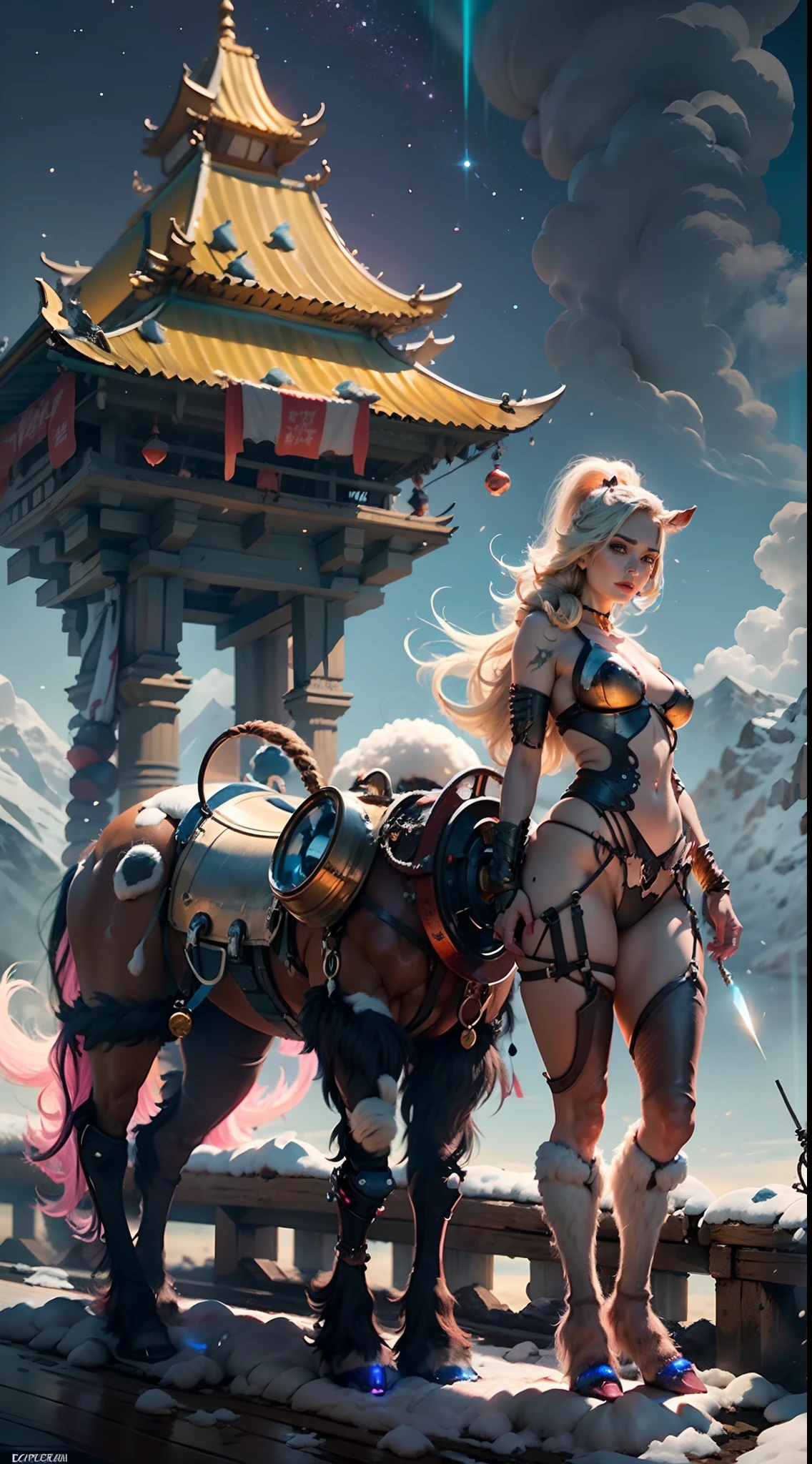 In a very grand scene,The extra-large wide-angle lens captures the appearance of a female centaur。She is tall,It has the ultimate curvy beauty,The muscles are slender and firm,Beautiful lines。Her facial features are tough and coquettish,Always with a sunny smile。She wears special tight-fitting equipment with a strong sense of technology,Step on multifunctional off-road style heels,Delicate and practical protective gear is worn on the hands, feet, wrists, neck and shoulders。The detection equipment around you flashes various cue lights and neon-like information screens,Let her exude a charming brilliance。Use Midjourney's advanced tools,Design special tight-fitting equipment for female centaurs,Highlight her unique physiological characteristics and appearance details,Add realism。And in her adventure scene,Spectacular views of nature,Such as the sky where storms and sunny days alternate、Brilliant rivers of stars and auroras、The snow-capped summit of Mount Everest、Fireworks in the mountain town, etc。ao mesmo tempo,Away from the hustle and bustle of Long Beach Pier is a neon-lit spaceship docked,Create a fantastic scene。Use Midjourney's advanced tools and multiple color palettes、Brush Strokes、Texture tools and model packages,It shows a sense of atmosphere where beauty and charm coexist。The charm of the female centaur is highlighted through color and lines,Enhance realism with detailing,Create a surreal dreamy feeling。Additionally,Use Midjourney's tools to add a variety of extreme sports gear and cultural trinkets to the female centaur,Create intricate hairstyles and outfits,Give her a sense of premium。She never flinches,Regardless of the terrain,can respond quickly,Even the extreme geography and dangerous terrain of aliens cannot stop her。Use Midjourney's powerful tools,You can do it with incredible detail and beauty,Bring this ultra-grand and beautiful scene to life。Ultra-grand scenes,super wide shot, hdr,(真实感,Masterpiece quality,best qualtiy),
