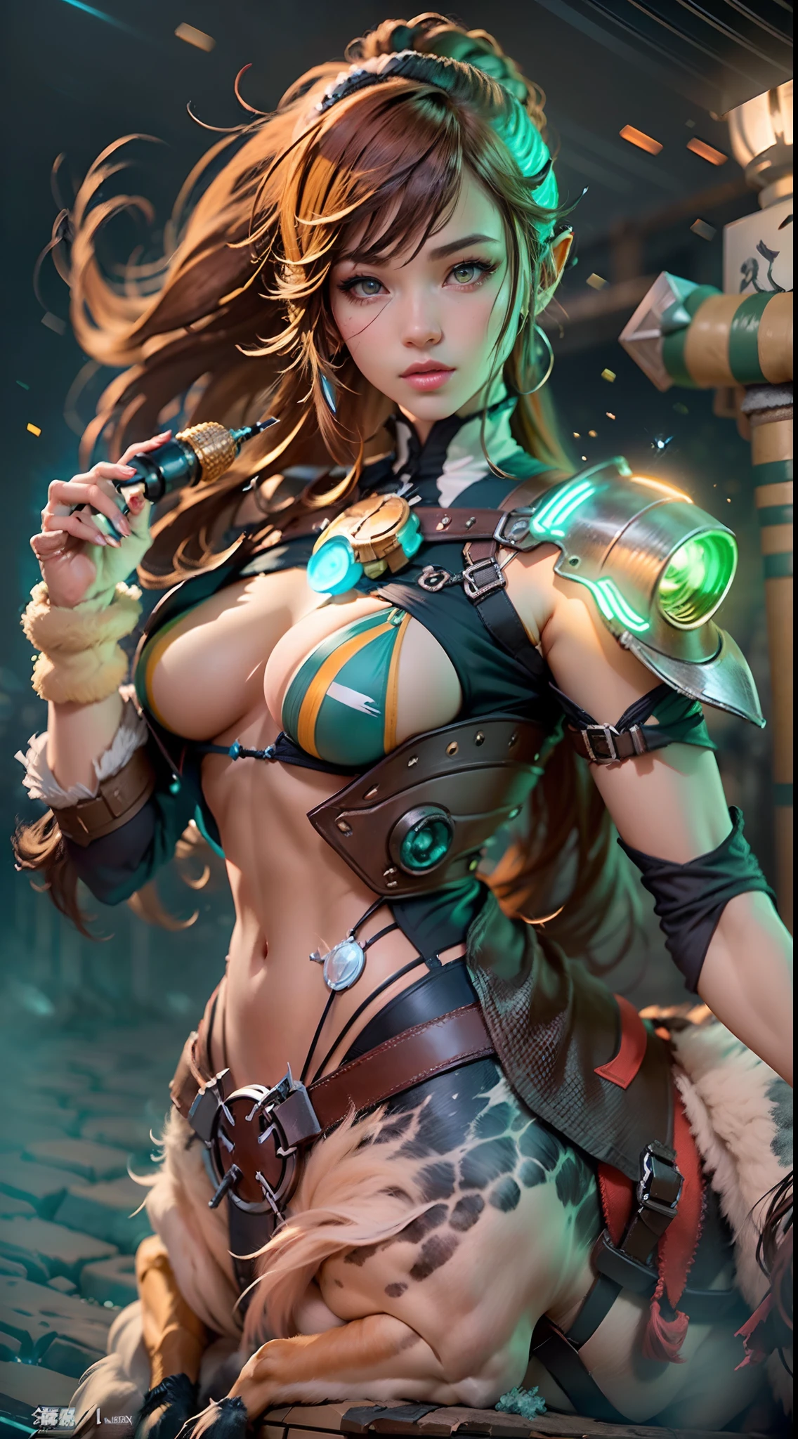 In a very grand scene,The extra-large wide-angle lens captures the appearance of a female centaur。She is tall,It has the ultimate curvy beauty,The muscles are slender and firm,Beautiful lines。Her facial features are tough and coquettish,Always with a sunny smile。She wears special tight-fitting equipment with a strong sense of technology,Step on multifunctional off-road style heels,Delicate and practical protective gear is worn on the hands, feet, wrists, neck and shoulders。The detection equipment around you flashes various cue lights and neon-like information screens,Let her exude a charming brilliance。Use Midjourney's advanced tools,Design special tight-fitting equipment for female centaurs,Highlight her unique physiological characteristics and appearance details,Add realism。And in her adventure scene,Spectacular views of nature,Such as the sky where storms and sunny days alternate、Brilliant rivers of stars and auroras、The snow-capped summit of Mount Everest、Fireworks in the mountain town, etc。ao mesmo tempo,Away from the hustle and bustle of Long Beach Pier is a neon-lit spaceship docked,Create a fantastic scene。Use Midjourney's advanced tools and multiple color palettes、Brush Strokes、Texture tools and model packages,It shows a sense of atmosphere where beauty and charm coexist。The charm of the female centaur is highlighted through color and lines,Enhance realism with detailing,Create a surreal dreamy feeling。Additionally,Use Midjourney's tools to add a variety of extreme sports gear and cultural trinkets to the female centaur,Create intricate hairstyles and outfits,Give her a sense of premium。She never flinches,Regardless of the terrain,can respond quickly,Even the extreme geography and dangerous terrain of aliens cannot stop her。Use Midjourney's powerful tools,You can do it with incredible detail and beauty,Bring this ultra-grand and beautiful scene to life。Ultra-grand scenes,super wide shot, hdr,(真实感,Masterpiece quality,best qualtiy),
