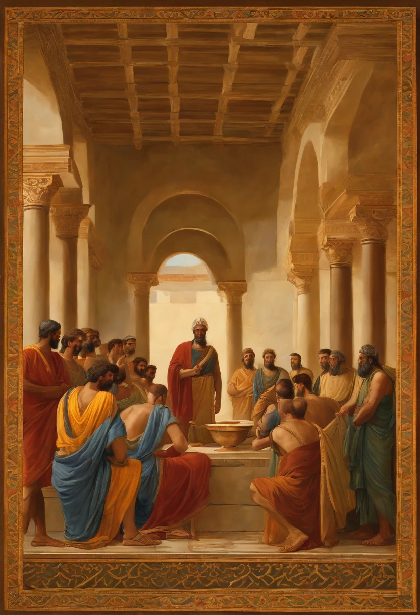 Illustrate the scene of Zeno of Scythia teaching his Stoic first principles to a group of disciples at an ancient school in Athens, com um fundo que destaque a serenidade e a simplicidade do ambiente.