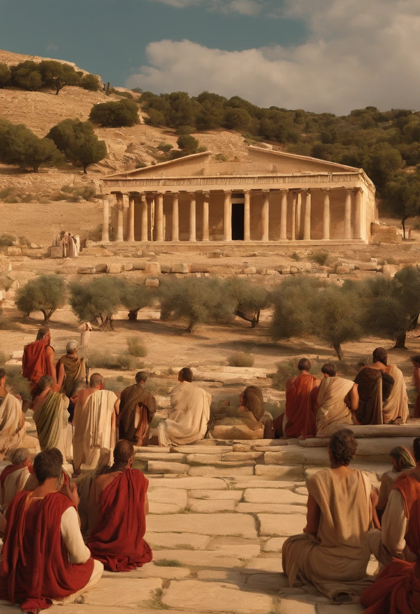 Illustrate the scene of Zeno of Scythia teaching his Stoic first principles to a group of disciples at an ancient school in Athens, com um fundo que destaque a serenidade e a simplicidade do ambiente.