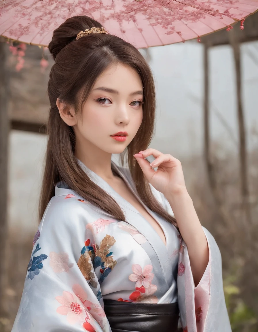 ((Dainty and cute 18 year old girl wearing kimono made of leather fabric.))detailed tits、detailed tits、
Her hair color is platinum. portrait photo. One hand is on her hip. One hand is touching her lips. Her head is slightly tilted. Her skin is very smooth. The background is a landscape of ink painting. Very shallow depth of field、the background is blurred.