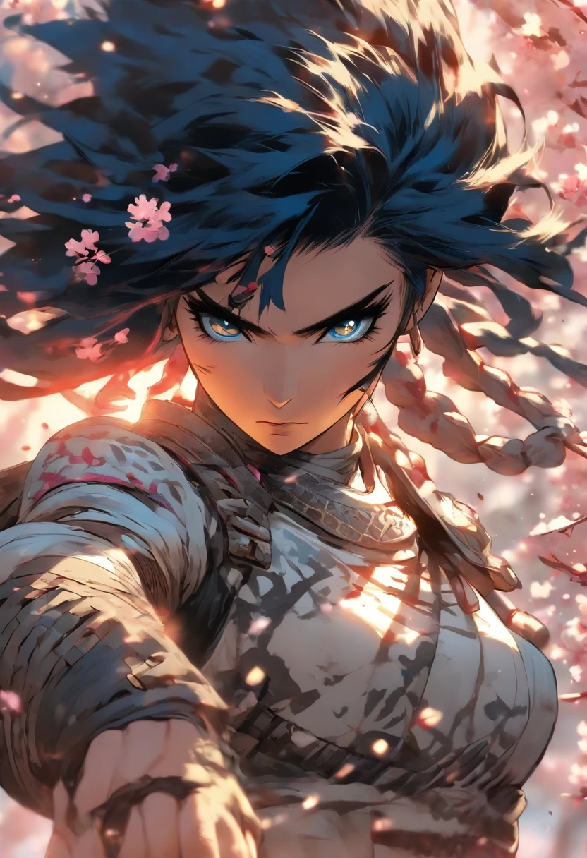 The most beautiful and gorgeous ninja warrior princess, black hair, blue eyes, wearing highly detailed white battle armor, tattoos and piercings, blood splattered, cherry blossoms blowing in the wind, post apocalyptic Japan, perfect masterpiece, high quality, high resolution