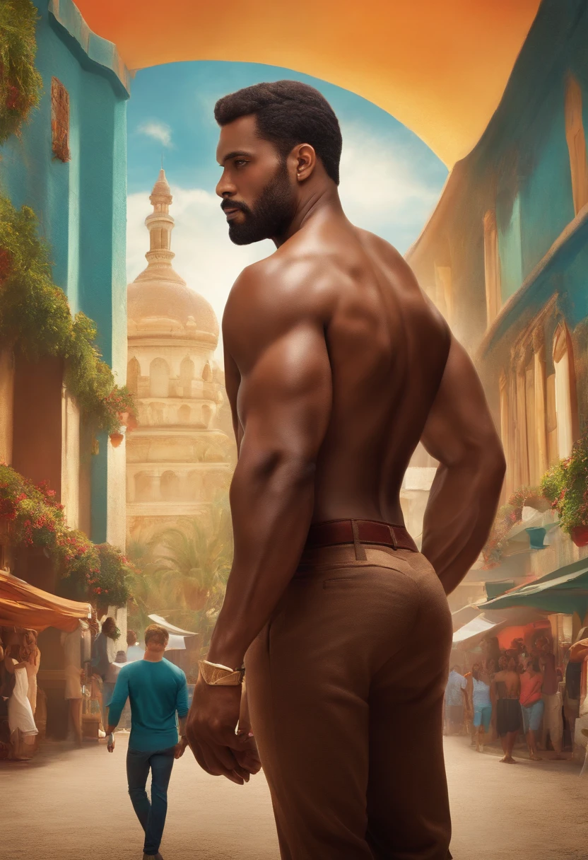 (( NAKED fullbody)), In leng jun and norman rockwell art style, hd, 8k resolution, FULLBODY, 16k resolution, hd, fullbody, ((view from behind)) deep color palette, symmetrical composition, ultra-detailed artistic style, oil painting, full body, perfect composition, perfect anatomy, wearing small shorts, dramatic, natural lighting, a beautiful young man, handsome, tall, perfect feet, Latino, muscles Realistically detailed, body symmetry, he is furious sitting on the roof of a black and gold train locomotive and holding a sword, carrying a multicolored backpack, in a mix of downtown and jungle scenery ((side view, storbe lighting, Leading Lines composition ))
