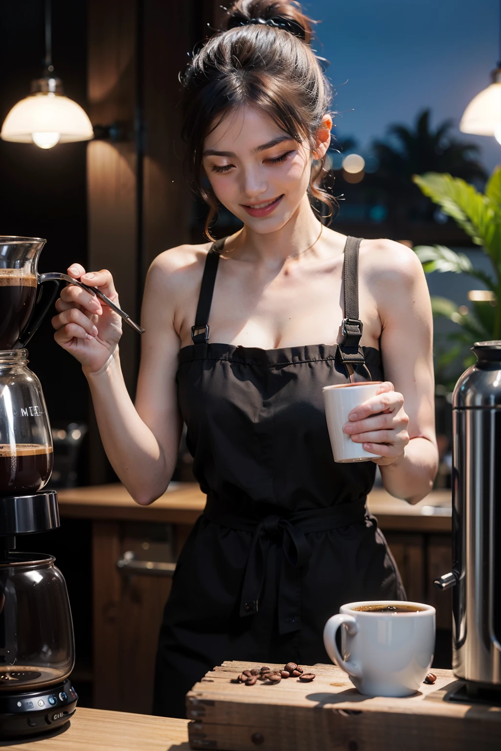Large-breasted coffee selling girl, making coffee at her stall, tied ponytail, low-chested cloth, she was seen preparing ready-made coffee, making coffee, light smile, facing down at making coffee, coffee machine, coffee, night cafe, bokeh, detailed object, detailed subject, high-res CG illustration, best quality post production, hyper-realistic