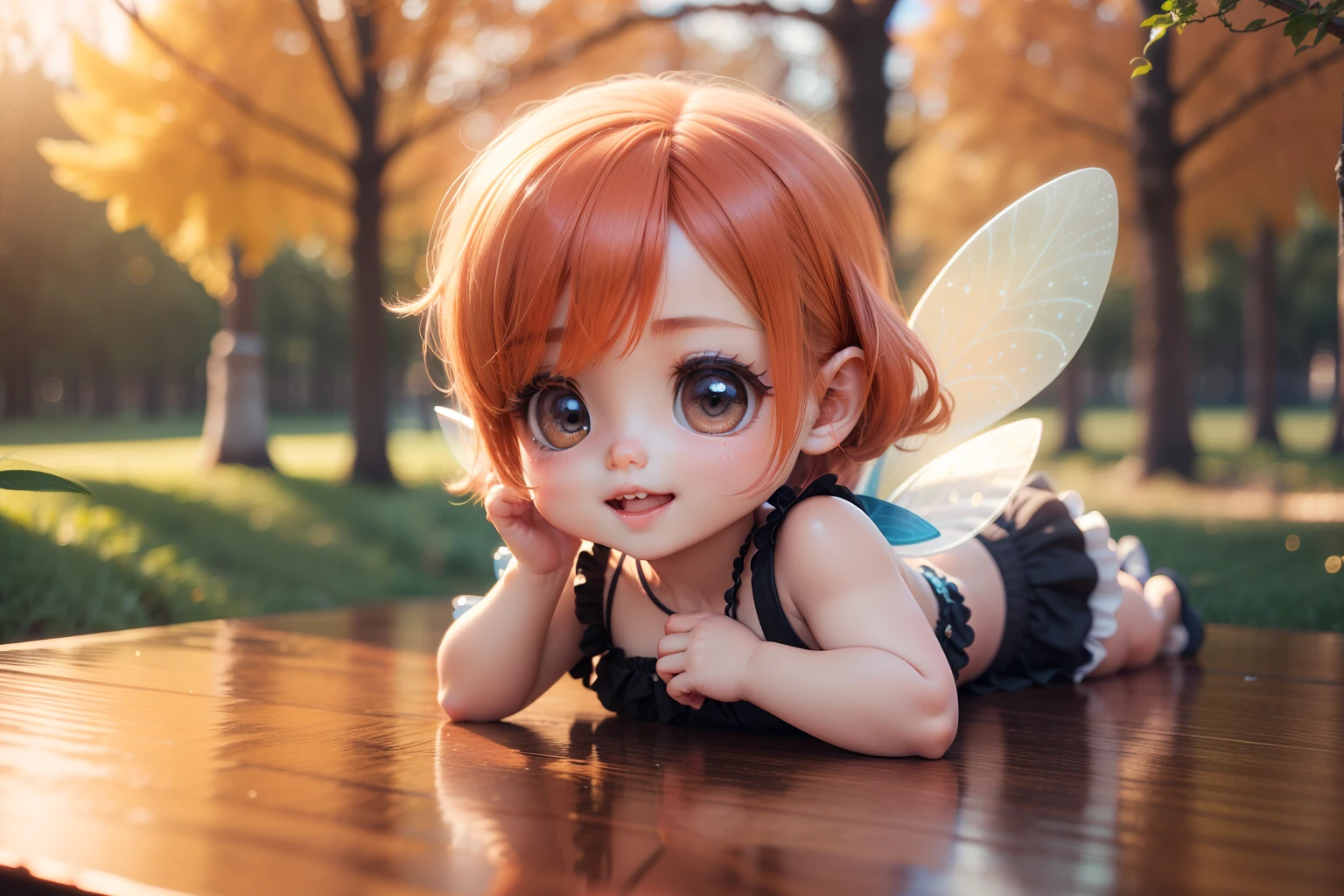 Cute  Chibi Anime,(((Chibi 3D))) (Best Quality) (Master Price)、(Chibi Fairy:1.3)、sprawl、Open your mouth and smile、Cheek down pose、A detailed face、Fairytale autumn forest in the morning sunshine、a small face、Oblique side view