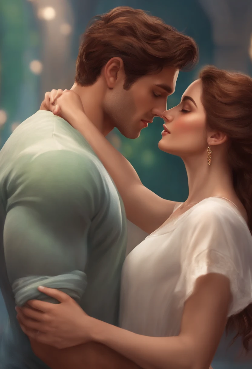 Buff and tall man in love with a cute girl with brown hair, green eyes, fair skin