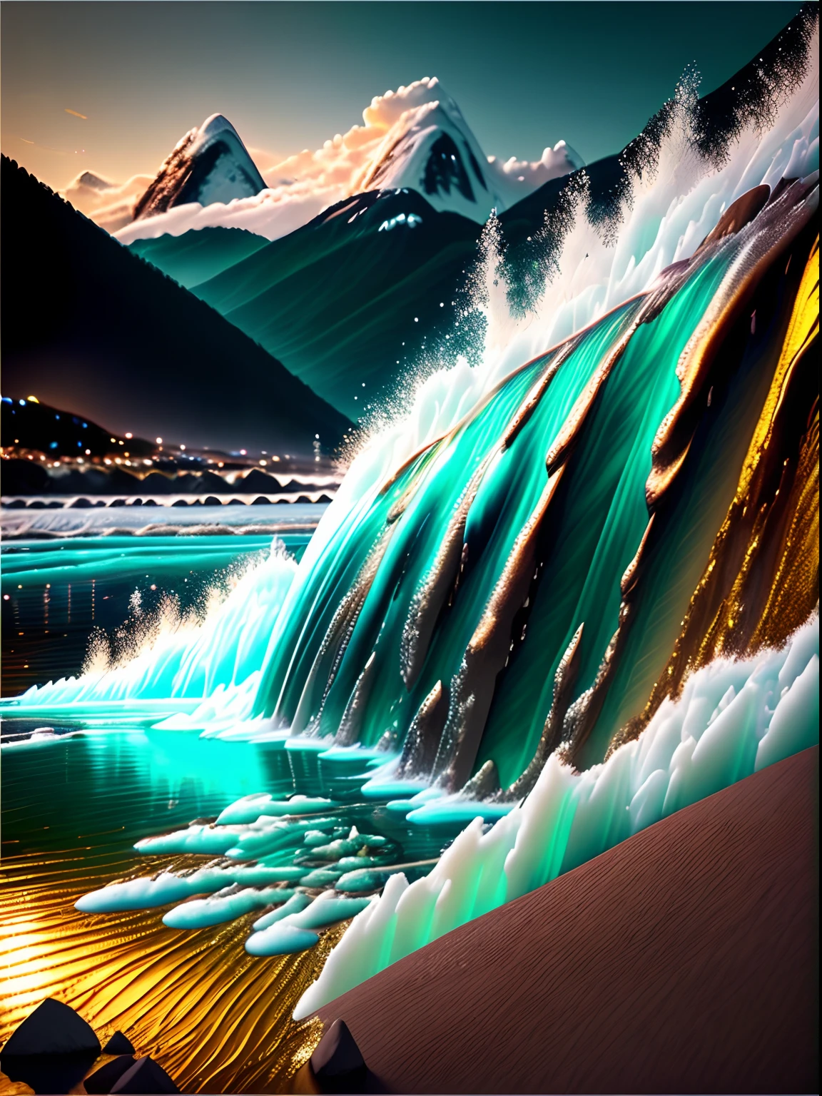 High definition image, imagem extremamente realista em 4k, rio de ouro liquido e brilhante, montanhas de esmeraldas e diamante, cachoeira de ouro, ramos de arruda na beira do rio de ouro, noite com aurora boreal de safiras diamantes ouro --auto