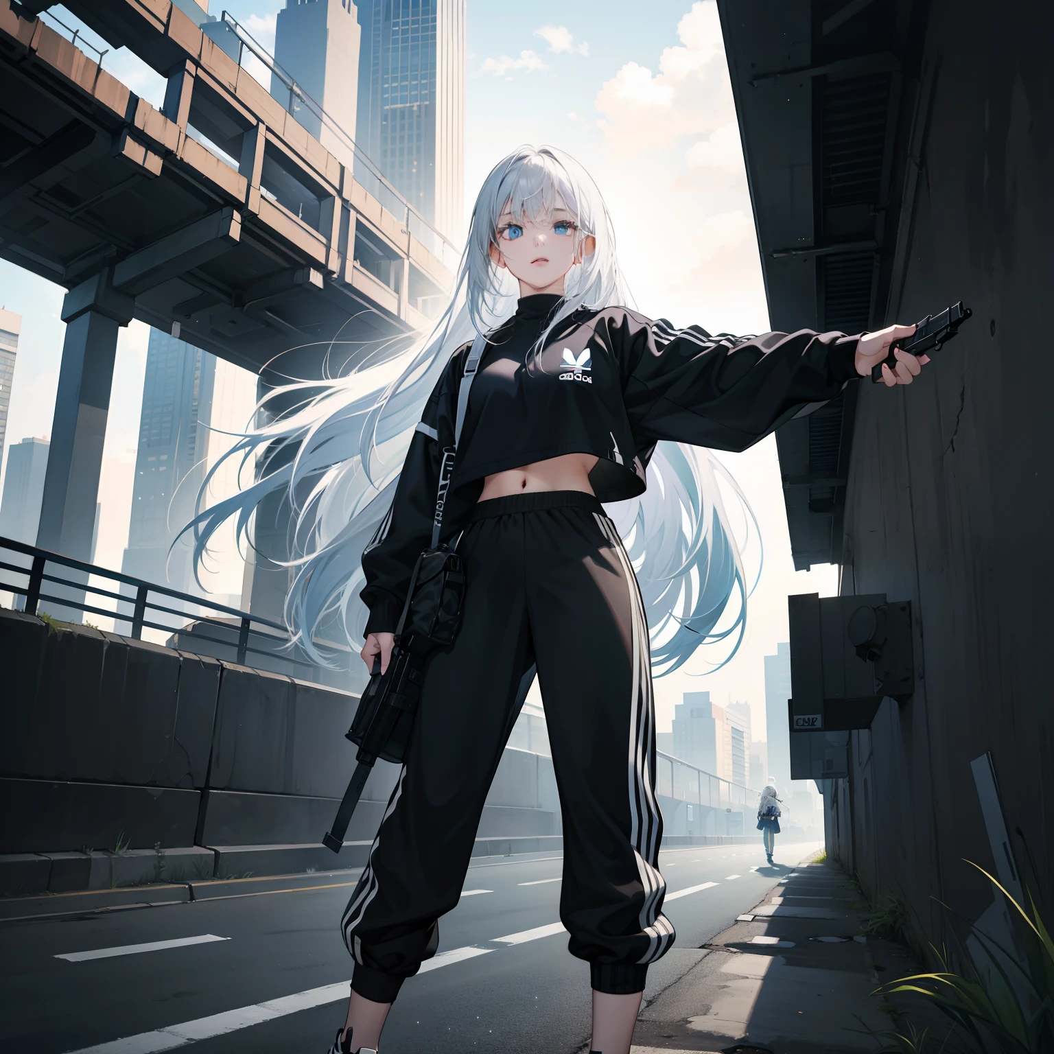 1 girl，without bangs Black Adidas top，Black Adidas pants，Black adidas shoes，White hair，Long hair and waist，Big blue eyes，to catch a gun The background is the city，Stand next to the highway - auto