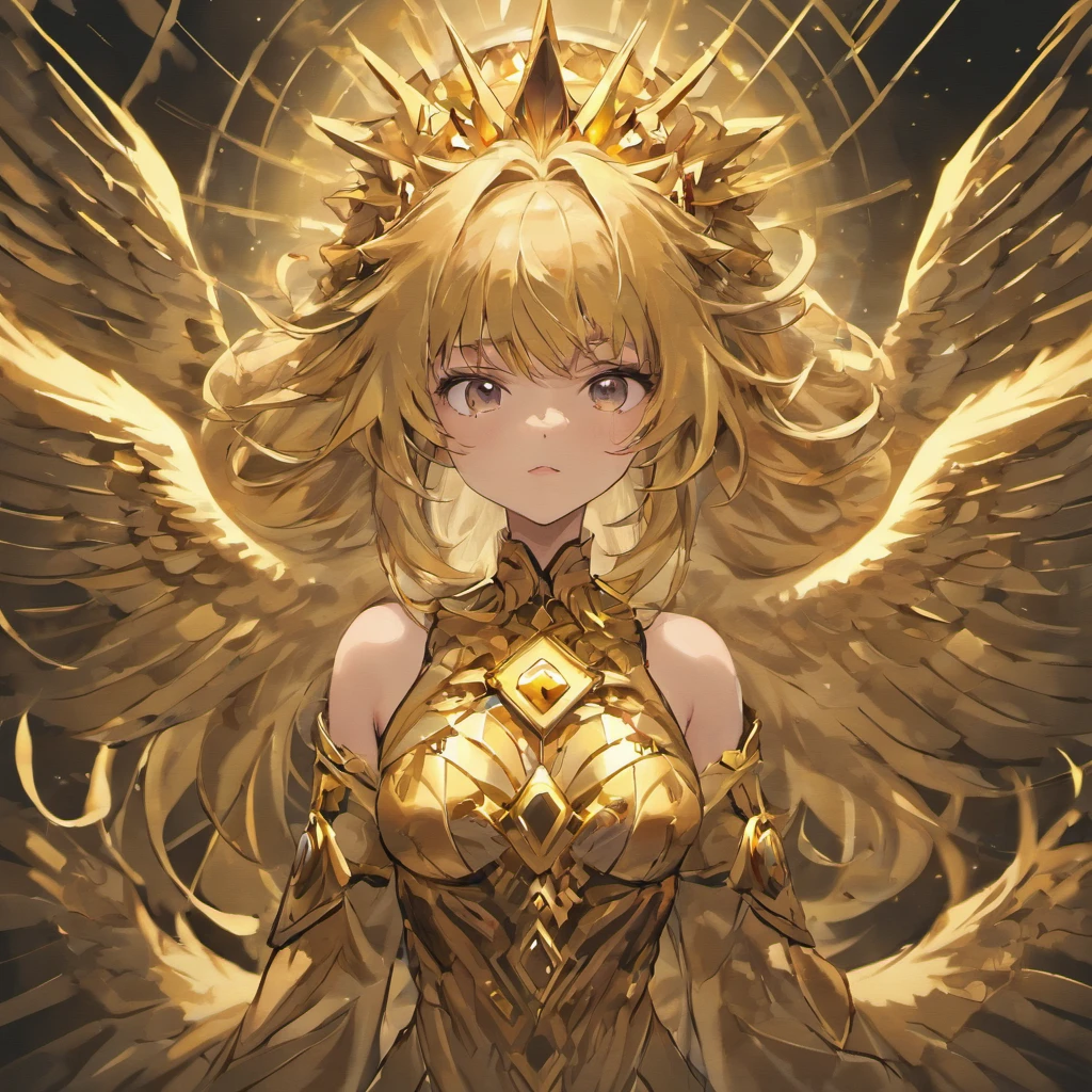 Create an angel with 4 pairs of golden wings, with evil smile, make him male, with golden hair