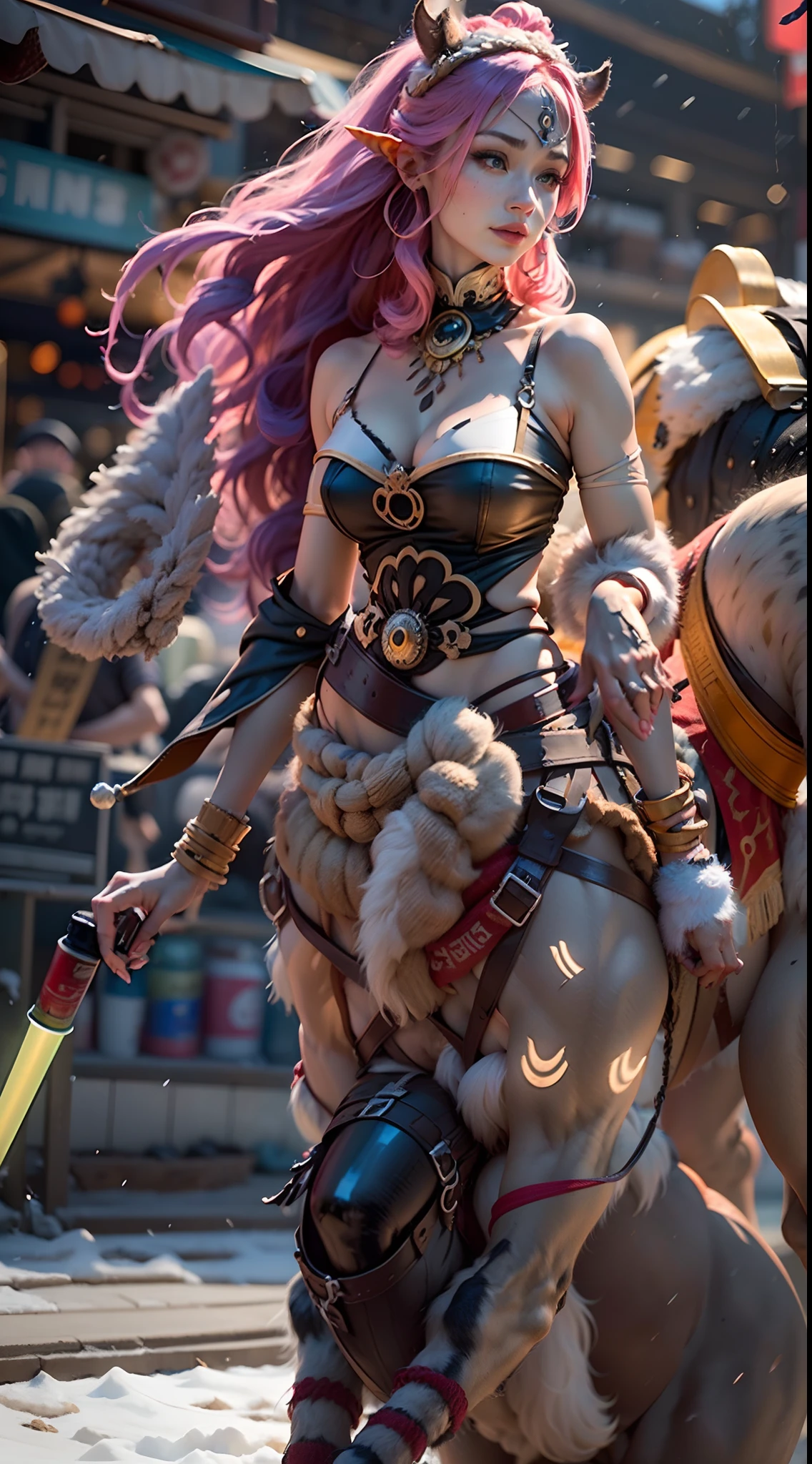 In a very grand scene,The extra-large wide-angle lens captures the appearance of a female centaur。She is tall,It has the ultimate curvy beauty,The muscles are slender and firm,Beautiful lines。Her facial features are tough and coquettish,Always with a sunny smile。She wears special tight-fitting equipment with a strong sense of technology,Step on multifunctional off-road style heels,Delicate and practical protective gear is worn on the hands, feet, wrists, neck and shoulders。The detection equipment around you flashes various cue lights and neon-like information screens,Let her exude a charming brilliance。Use Midjourney's advanced tools,Design special tight-fitting equipment for female centaurs,Highlight her unique physiological characteristics and appearance details,Add realism。And in her adventure scene,Spectacular views of nature,Such as the sky where storms and sunny days alternate、Brilliant rivers of stars and auroras、The snow-capped summit of Mount Everest、Fireworks in the mountain town, etc。ao mesmo tempo,Away from the hustle and bustle of Long Beach Pier is a neon-lit spaceship docked,Create a fantastic scene。Use Midjourney's advanced tools and multiple color palettes、Brush Strokes、Texture tools and model packages,It shows a sense of atmosphere where beauty and charm coexist。The charm of the female centaur is highlighted through color and lines,Enhance realism with detailing,Create a surreal dreamy feeling。Additionally,Use Midjourney's tools to add a variety of extreme sports gear and cultural trinkets to the female centaur,Create intricate hairstyles and outfits,Give her a sense of premium。She never flinches,Regardless of the terrain,can respond quickly,Even the extreme geography and dangerous terrain of aliens cannot stop her。Use Midjourney's powerful tools,You can do it with incredible detail and beauty,Bring this ultra-grand and beautiful scene to life。Ultra-grand scenes,super wide shot, hdr,(真实感,Masterpiece quality,best qualtiy),