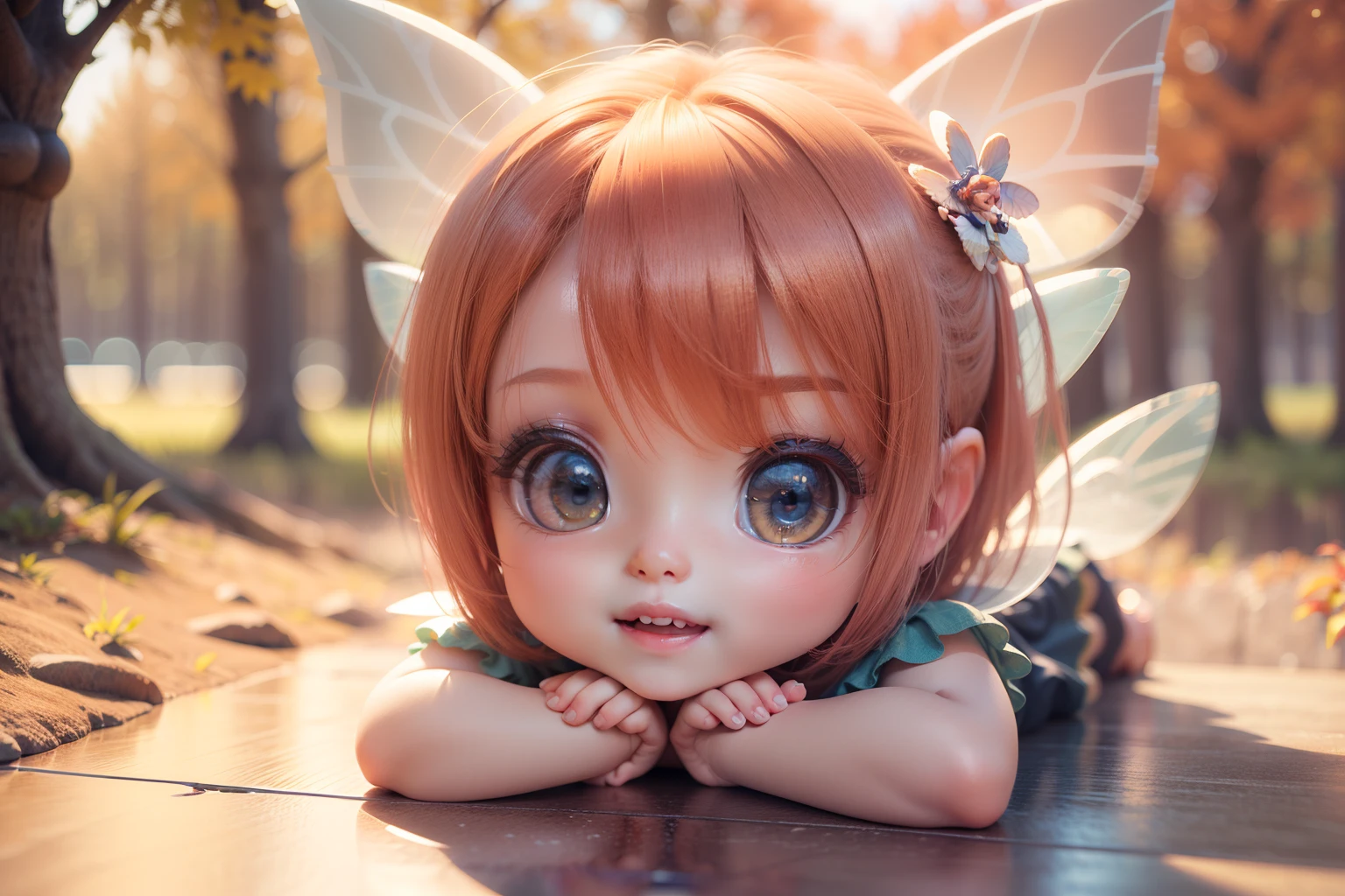 Cute Baby Chibi Anime,(((Chibi 3D))) (Best Quality) (Master Price)、(Chibi Fairy:1.3)、sprawl、Open your mouth and smile、Cheek down pose、A detailed face、Fairytale autumn forest in the morning sunshine、a small face、Oblique side view