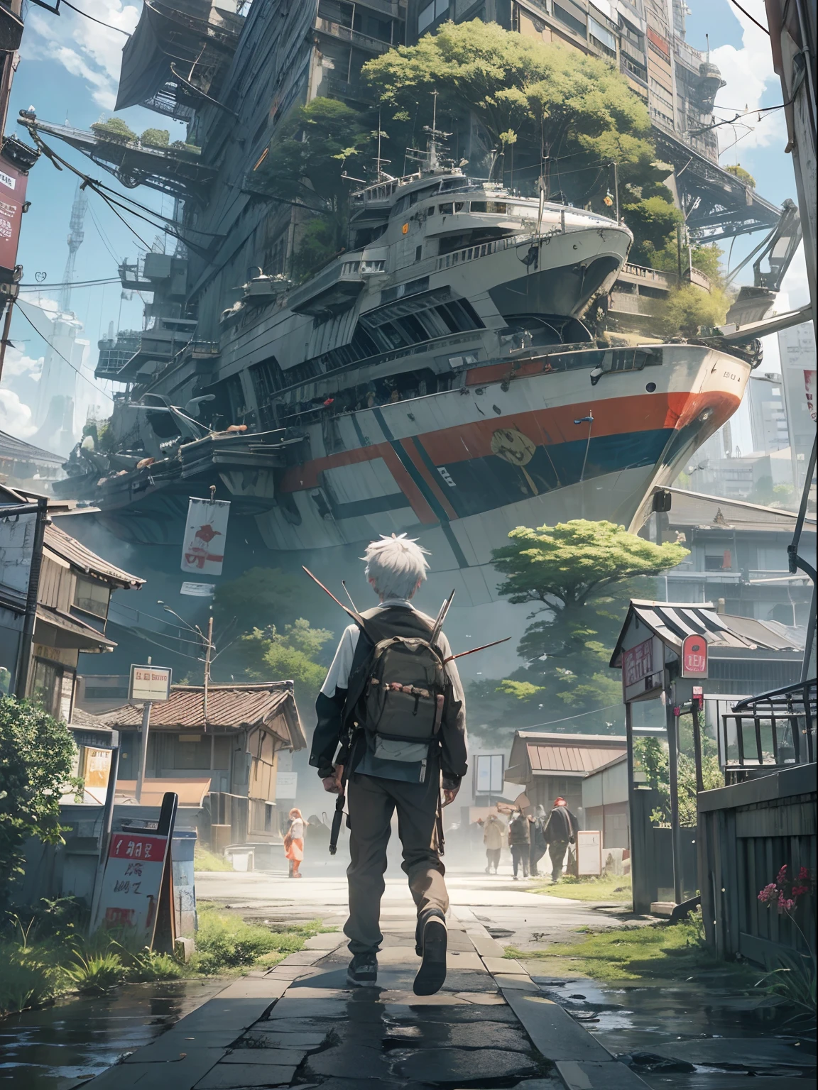 1boy,Man's ,Cyberpunk Boy、silber hair、Spiky hairstyle、Sword,machine gun、bow and arrow、Whole body bloody、The beginning of the adventure、(Very large flying ship:1.5)、Magic Hour with Clouds,ruined and devastated city、Complex Japan buildings、school buildings、shrines、railroad crossing、Bus stop、Trees、Warm lighting、puddles、Good old Japan landscape、Beautiful and fantastic summer landscape、Cinematic scenery、hightquality、masutepiece,8K、hight resolution、ultra-detailliert,