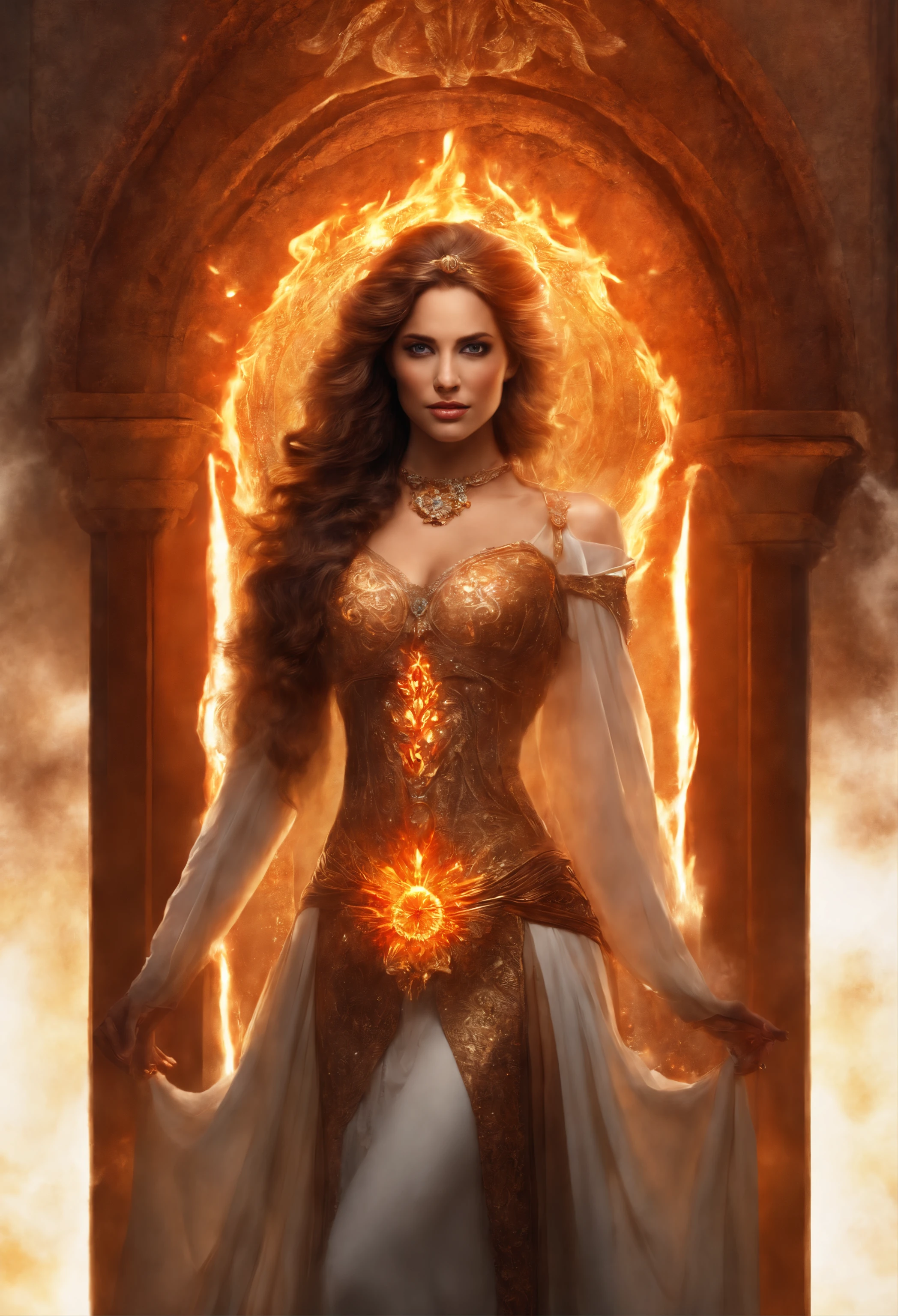 This is a realistic fantasy artwork prominently featuring realistic fire, including wisps of flames, glowing hot embers, subtle curls of smoke, and a beautiful fire druid. The druid stands in the midst of a raging inferno with an interesting composition. Her face is expertly sculpted, with elegant and refined features and perfect shading and realistic skin texture. Her (orange and gold eyes) are stunning and are the focal point of this image. (((Her eyes extremely detailed, beautiful detailed eyes, and macro))). Her eyes feature intricate detailing with clearly defined irises and bright sclera. Her soft lips are smooth and very puffy, and her skin is adorned with a light flush and ornate fire detailing. Her long gown is stunning and expensive, and is made of pure flames and glittering, ornate jewels that glimmer in the fire light. Her billowing gown glitters from the flames and features a delicately and intricately embroidered bodice with wisps of flames running across it. Include fantasy elements like bumps, stones, fiery iridescence, glowing embers, silk, and an interesting background. Include fiery magical creatures such as fiery birds and fiery butterflies that give off a magical and mystical aura. Lighting: Utilize the latest trends in lighting to enhance the artwork's beauty. Camera: Utilize dynamic composition to create a sense of urgency and excitement. Take inspiration from the current masters of the fantasy genre, including trending artists on Artstation and Midjourney. ((masterpiece))