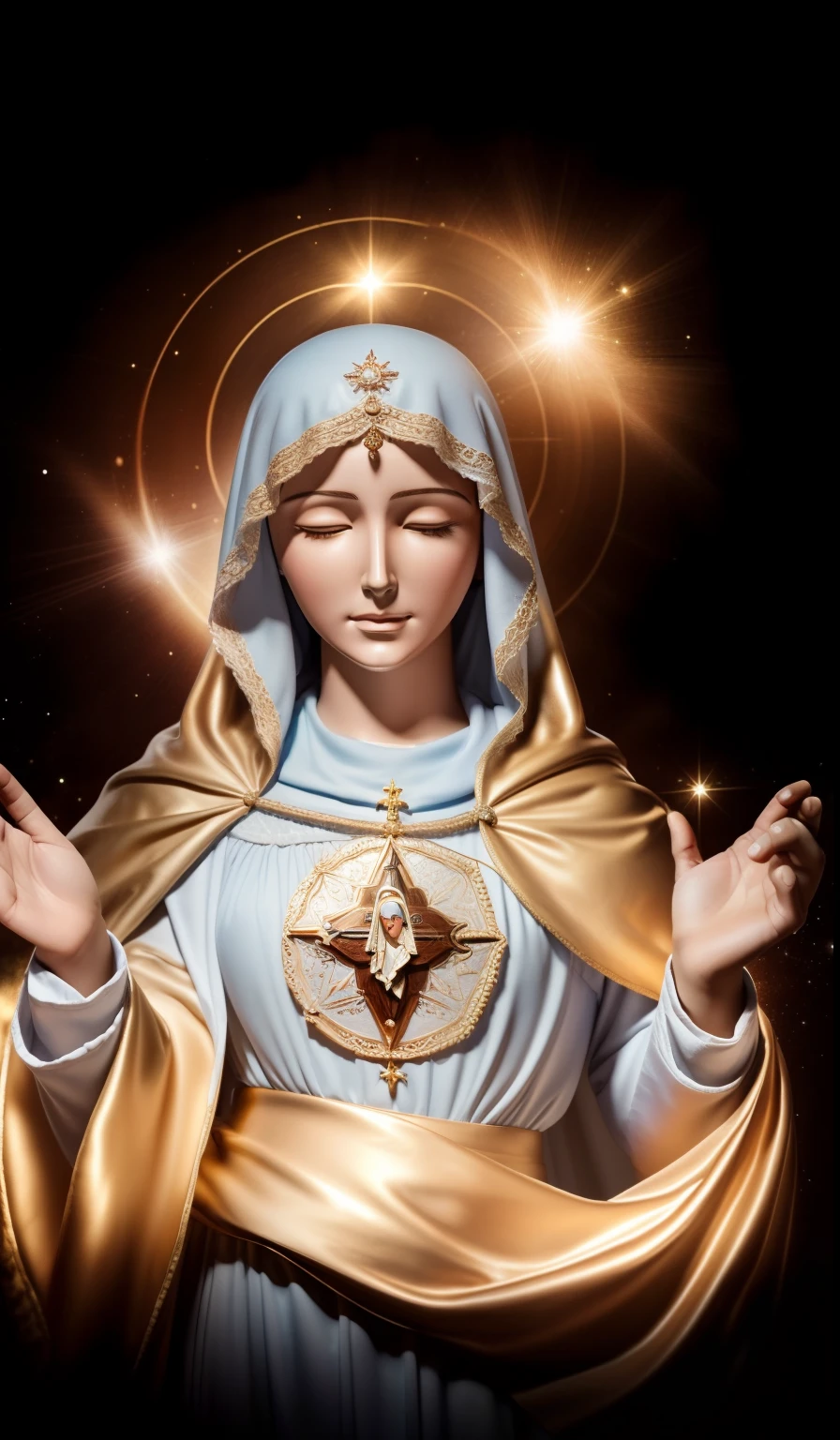 (((Blessed Virgin Mary of Mount Carmel))) Obra maestra, (La mejor calidad: 1.2), (super fine: 1.2), illustration, (extremadamente delicado y hermoso: 1.2), movie angle, flotante, (Hermoso ojo de detalle: 1.1), (detalle luz: 1.1), Movie Lights, Cielo delicado, ojos azules, (Cola de caballo alta: 1.1), capa, ojuelos, cielo estrellado, (light particles: 1.1) dibujo, flor. (Obra maestra), (La mejor calidad), (fotorrealista:1.3), 8k, Textura detallada de la piel, Textura detallada de la tela, Hermosa cara detallada, Detalles intrincados, Ultra detallado (cuerpo de cuerpo entero:1.2)