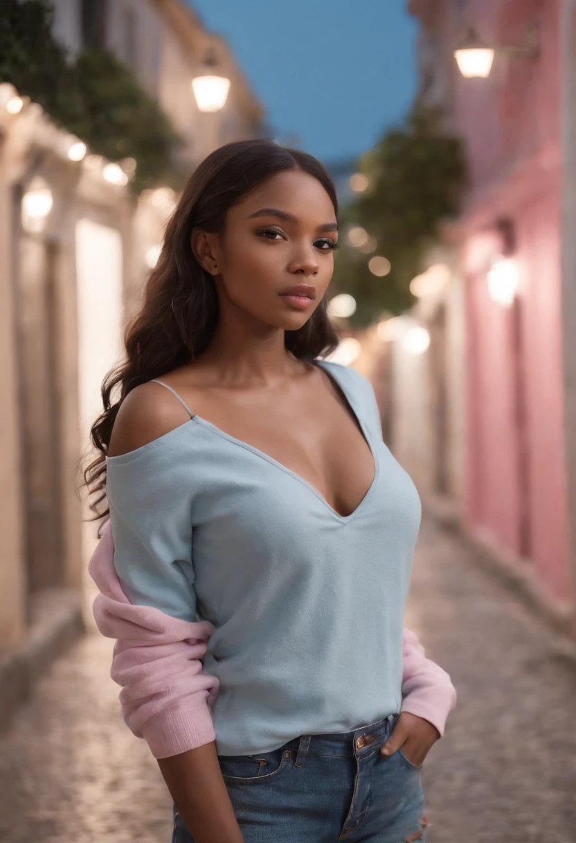 ultra realistic photo, full body, best quality, masterpiece, black woman inspired by Cindy Crowford, black skin, beautiful face, wearing jeans: 0.91 and black sweatshirt, realistic smooth skin, ultra realistic skin, pastel neon, night, dynamic lighting, on a street in Rio de Janeiro, (dynamic pose:1.10), (good composition:1.10), (subtle lighting:1.10), (Awarded:1.10), ((breathtaking:1.10:1.35)) , ( πrim-work :1.10), (highly detailed skin:1.2), (filmic grain:0.04), particle effects, __Camera capture_Models/sigma__, NEWS TYPE, speed lines, (perfect handsome young face:1.10) , (Pink :1.10), big boobs, erect nipples, nude