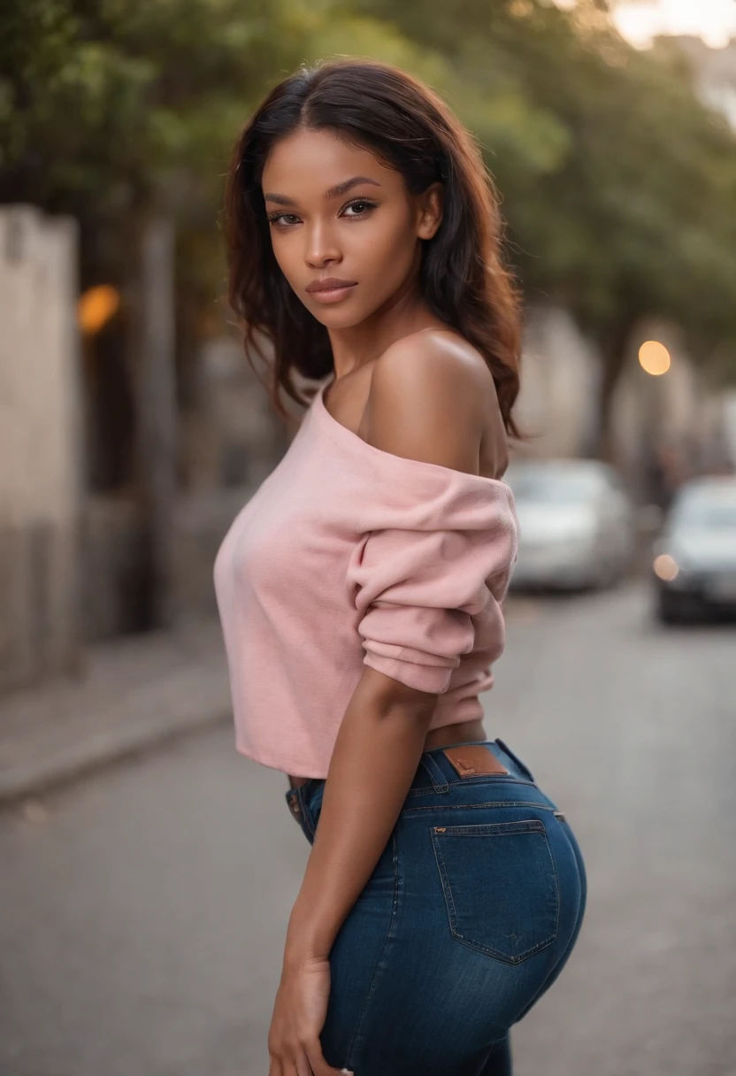ultra realistic photo, full body, best quality, masterpiece, black woman inspired by Cindy Crowford, black skin, beautiful face, wearing jeans: 0.91 and black sweatshirt, realistic smooth skin, ultra realistic skin, pastel neon, night, dynamic lighting, on a street in Rio de Janeiro, (dynamic pose:1.10), (good composition:1.10), (subtle lighting:1.10), (Awarded:1.10), ((breathtaking:1.10:1.35)) , ( πrim-work :1.10), (highly detailed skin:1.2), (filmic grain:0.04), particle effects, __Camera capture_Models/sigma__, NEWS TYPE, speed lines, (perfect handsome young face:1.10) , (Pink :1.10), big boobs, erect nipples, nude