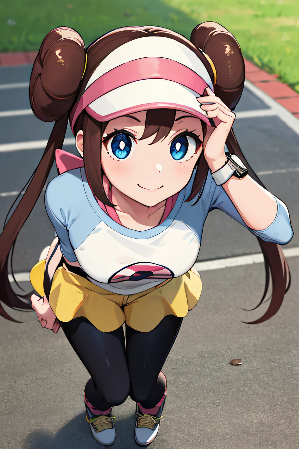 masutepiece, Sharp Focus, Realistic, ultra-detailliert, Beautiful Girl, (side lights:1.2), Smile, RO1, Hair bun, Blue eyes, Twin-tailed, Visor Cap, pantyhose, raglan sleeves, Yellow shorts, Shirt, pink bows, wrist watch, Full body、Leaning forward