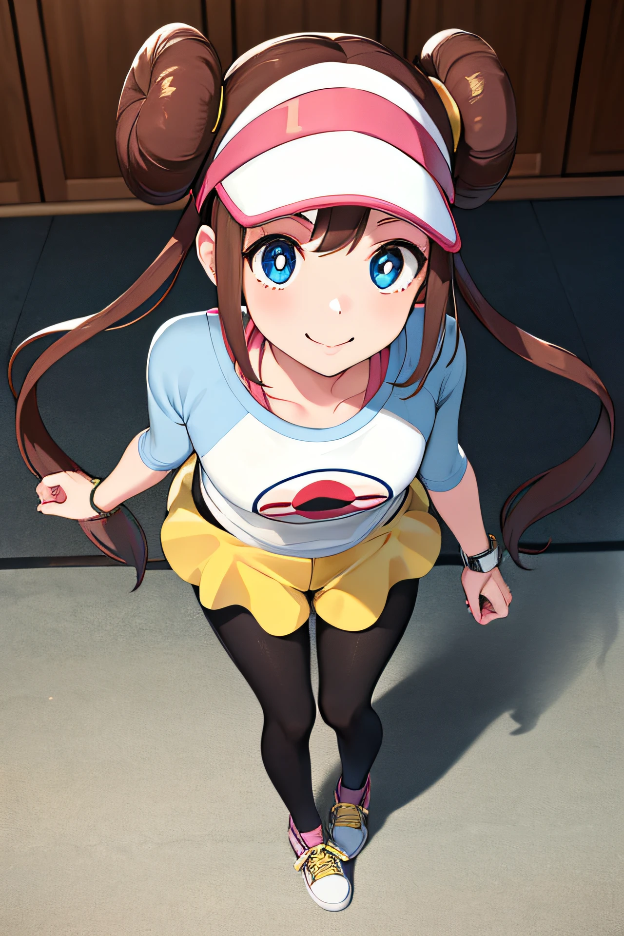 masutepiece, Sharp Focus, Realistic, ultra-detailliert, Beautiful Girl, (side lights:1.2), Smile, RO1, Hair bun, Blue eyes, Twin-tailed, Visor Cap, pantyhose, raglan sleeves, Yellow shorts, Shirt, pink bows, wrist watch, Full body、Leaning forward