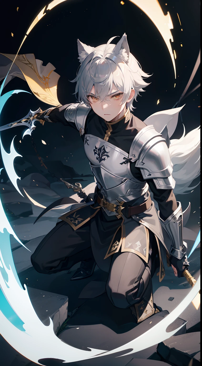 1boy,solo,gray hair, templar golden knight outfit, gray long chainmail skirt, wolf ears, wolf tail, black long boots, serious face, masterpiece, HD, vibrant,night background,attacking with a sword,lightnings around,