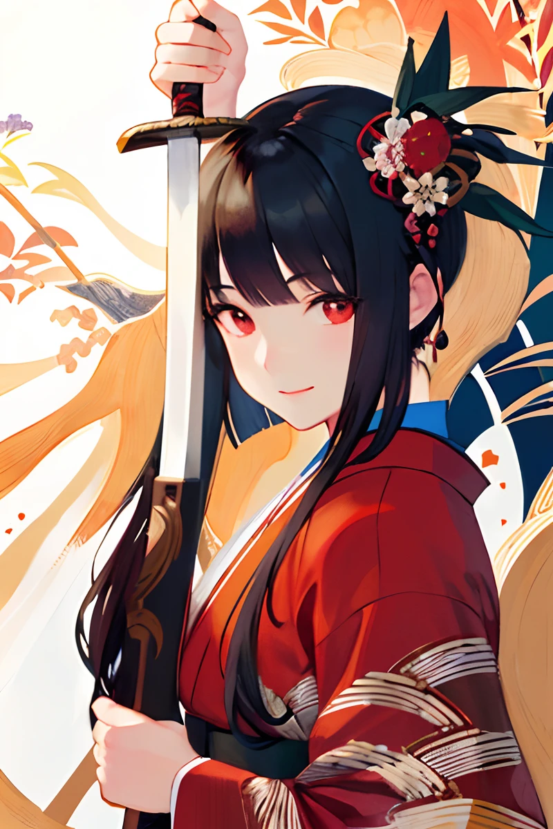 ((masterpiece, ultra-detailed, fine detail, highest quality, illustration)), 1 girl, solo, high definition, looking at viewer, red eyes, black hair, bob cut, flower hair ornament, smile, floral print kimono, Japanese garden, bamboo grove, white gravel garden, shoji door, sunlight shining through, feminine, traditional, ukiyo-e, oriental aesthetics, elegant, beautiful, detailed, bright colors, high contrast, dynamic realistic lighting, traditional painting style, illustration aesthetics, ((holding a Japanese sword)), thighs
