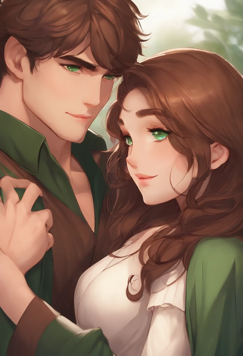 Buff and tall man in love with a cute girl with brown hair, green eyes, fair skin