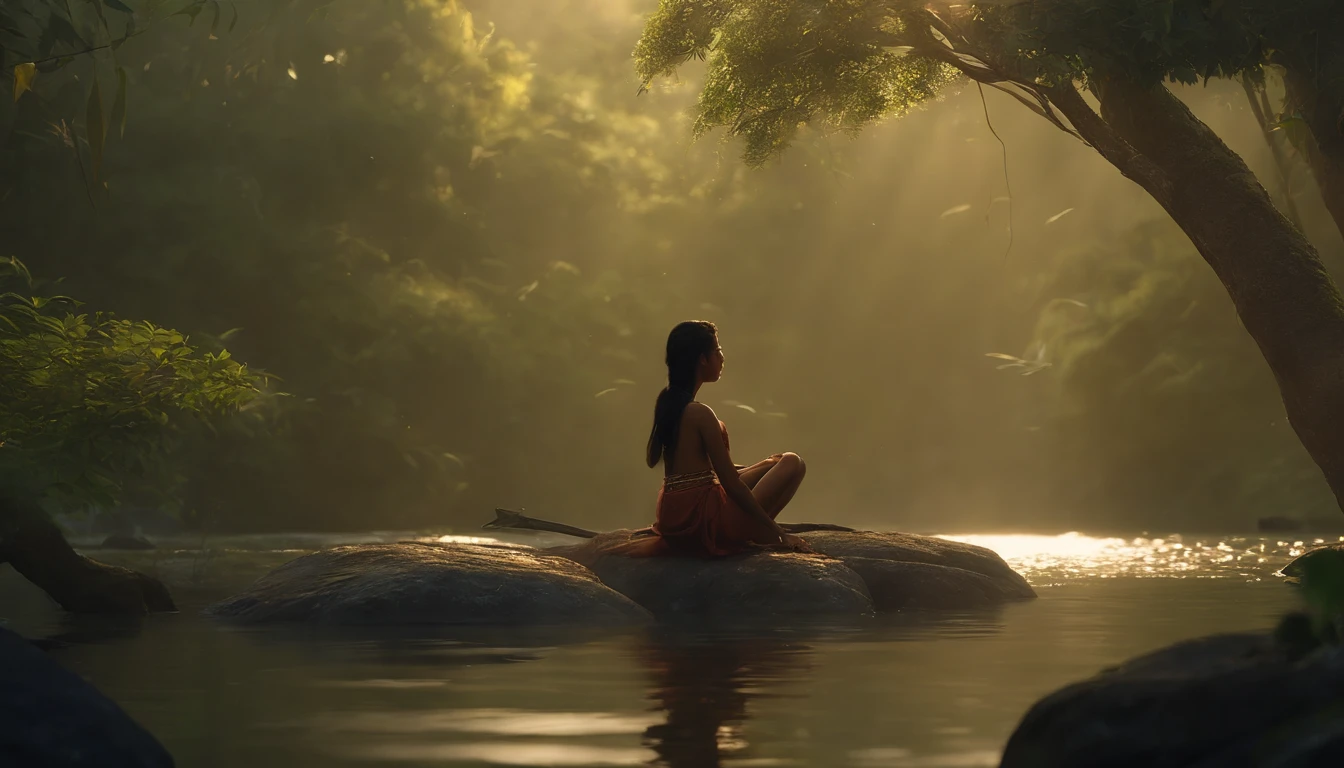 An 18-year-old indigenous girl sitting on a rock in the Amazon River, anime exuberante john 8k madeiras, Atey Ghailan 8 K, Harp playing in the magical forest, em estilo de atey ghailan, inspirado em Atey Ghailan, pleasant environment, forest setting, autor:Fujita Goro, cinematic forest lighting, 4K分辨率