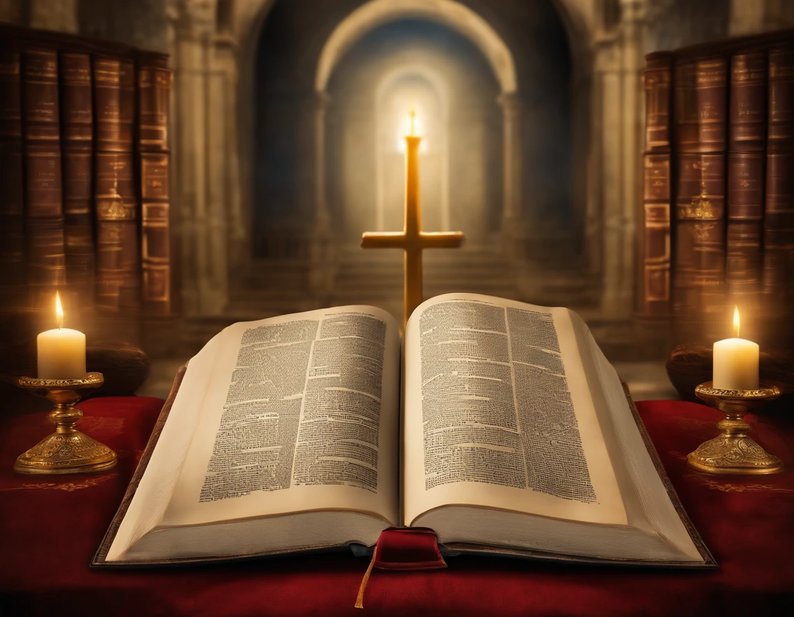 "Por favor, create a high-definition image of the Holy Bible that captures the reverence and spiritual significance of this holy book. The image should convey the historical and religious importance of the Bible, apresentando-a de forma digna e respeitosa. Use soft lighting to highlight cover and page details, enfatizando sua textura e envelhecimento, if applicable. Position the Bible in an environment that evokes a sacred environment, como uma prateleira de madeira em uma biblioteca antiga ou um altar iluminado. As cores devem ser sutis e a tipografia, Apresente-se, deve ser elegante e discreta. The image should inspire a sense of reverence and spiritual connection to the words and teachings contained in the Holy Bible."