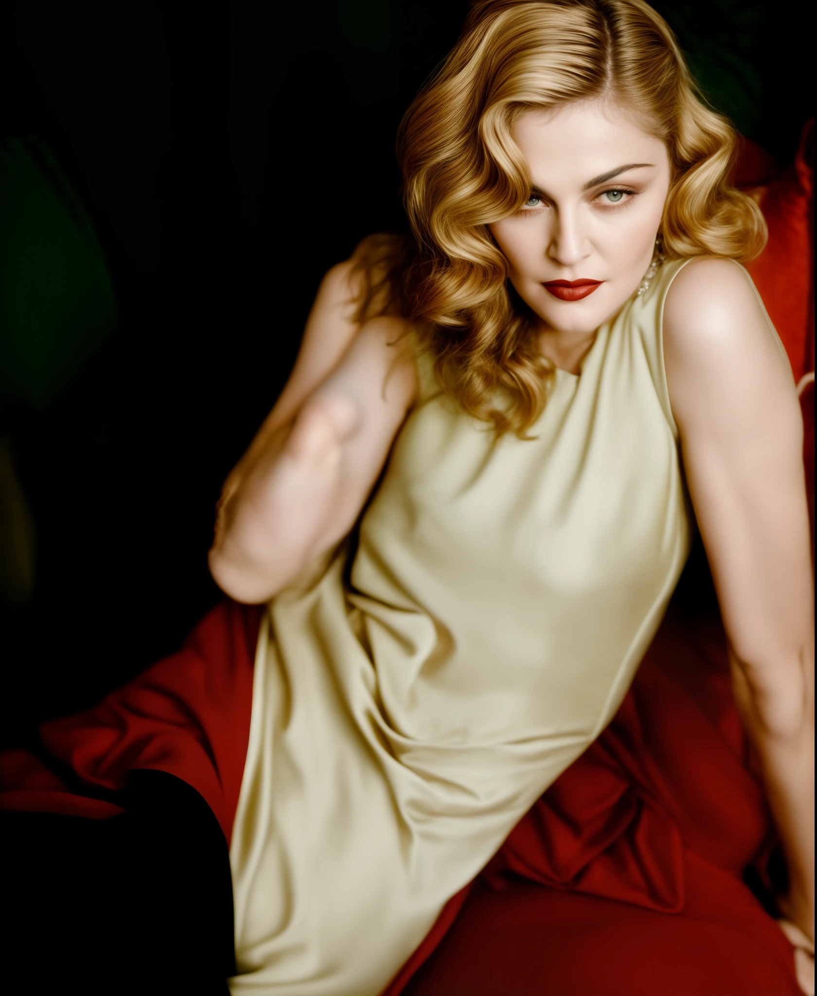 raw color photo of araffe woman in a dress sitting on a couch with a hand on her head, madonna, madonna portrait, ellen von unwerth, madonna genderbend elegant, inspired by George Hurrell, seductive lady, detailed portrait of madonna, steven meisel photography, looking seductive, glamorous pose, seductive, gorgeous, in style of paolo roversi, unreleased