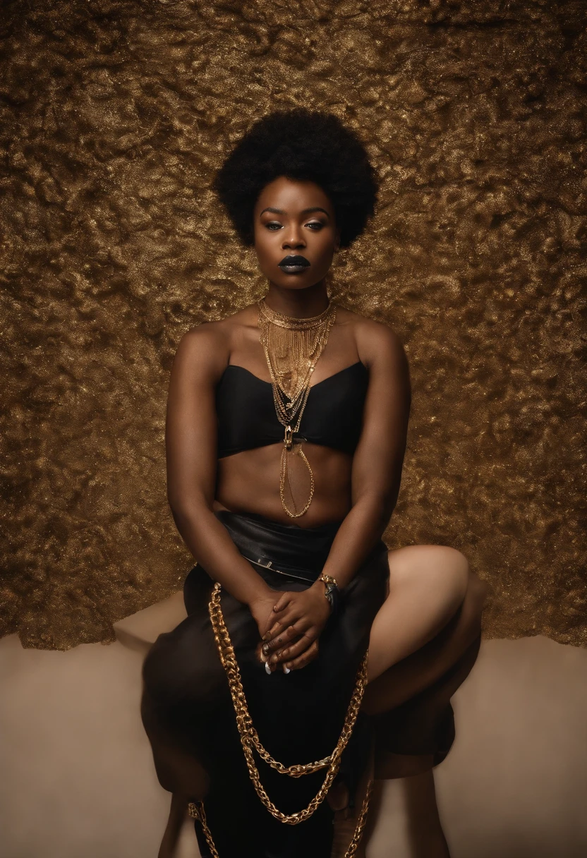 Ghotic woman afro cut with big bare breasts and piercing on the nipples of gold chains