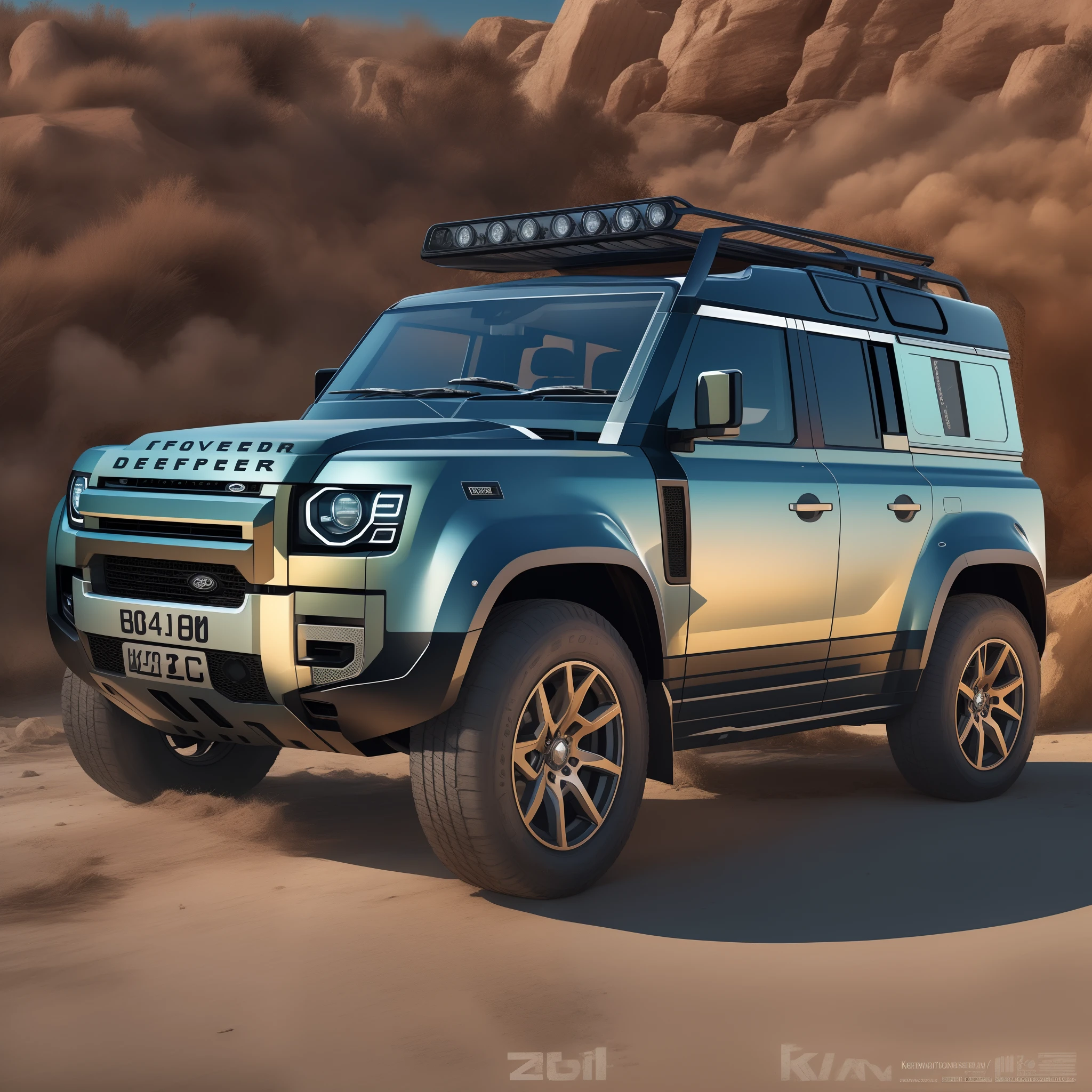 A cinematic photorealistic color digital drawing of 2022 Land Rover Defender, extreme modified and styled by Luigi Colani, insanely detailed and intricate, crisp sharp and clear, volumetric lighting, ultra-high resolution, masterpiece hyper realistic artwork Frank Bellamy, centered, Professional color grading by Kenneth Hines Jr.